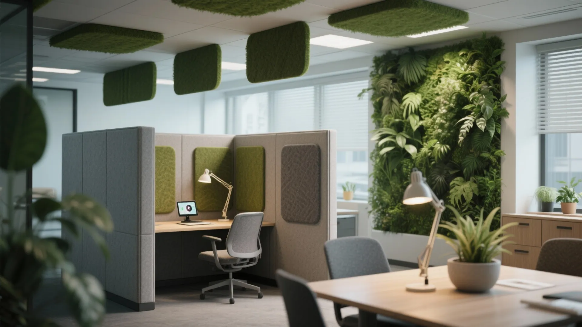 Office cubicle with desk lamp grey chair green wall plants and ceiling sound absorbing panels