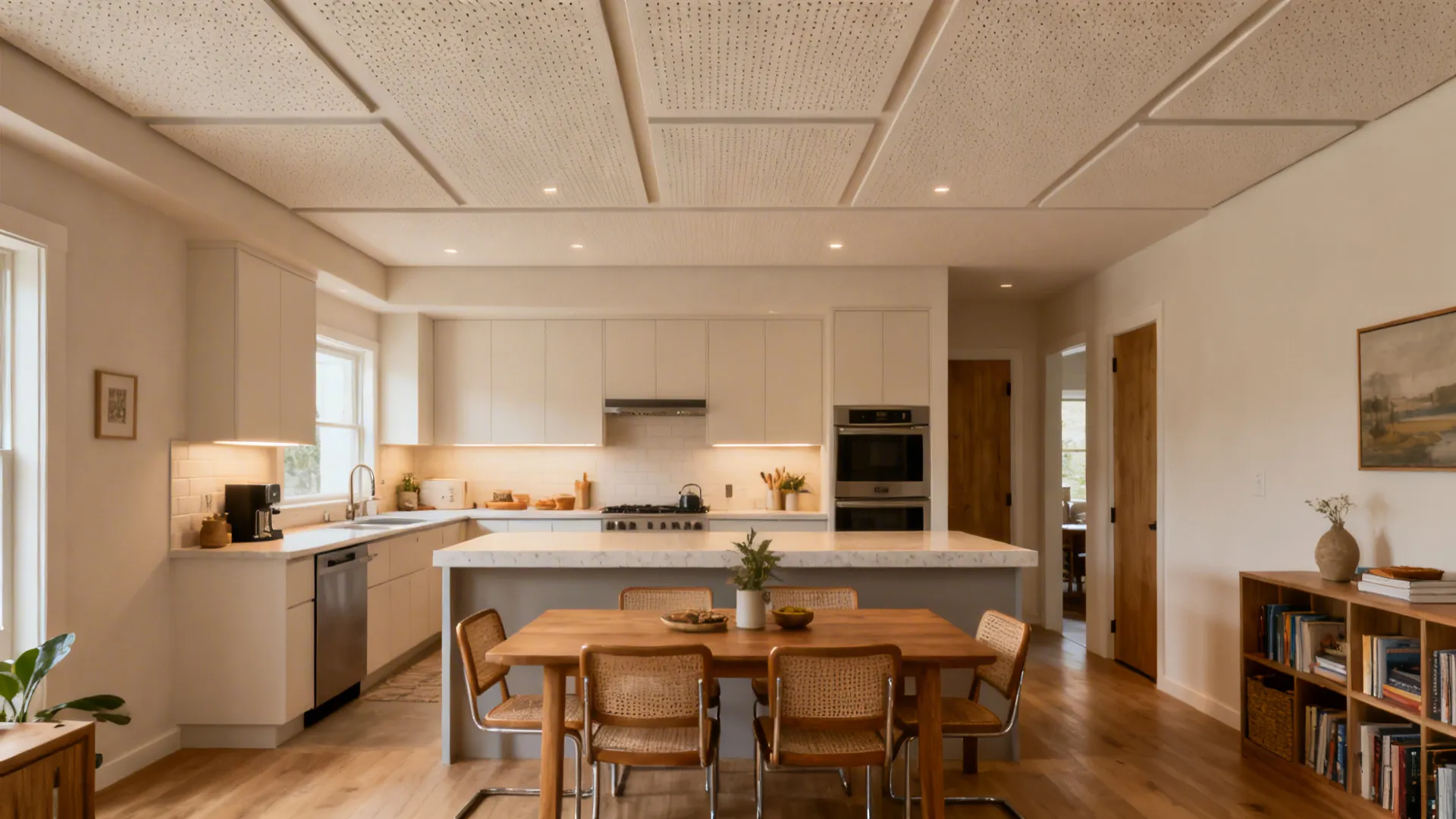 Family kitchen with micro-perforated acoustic plaster panels integrated above the dining edge.