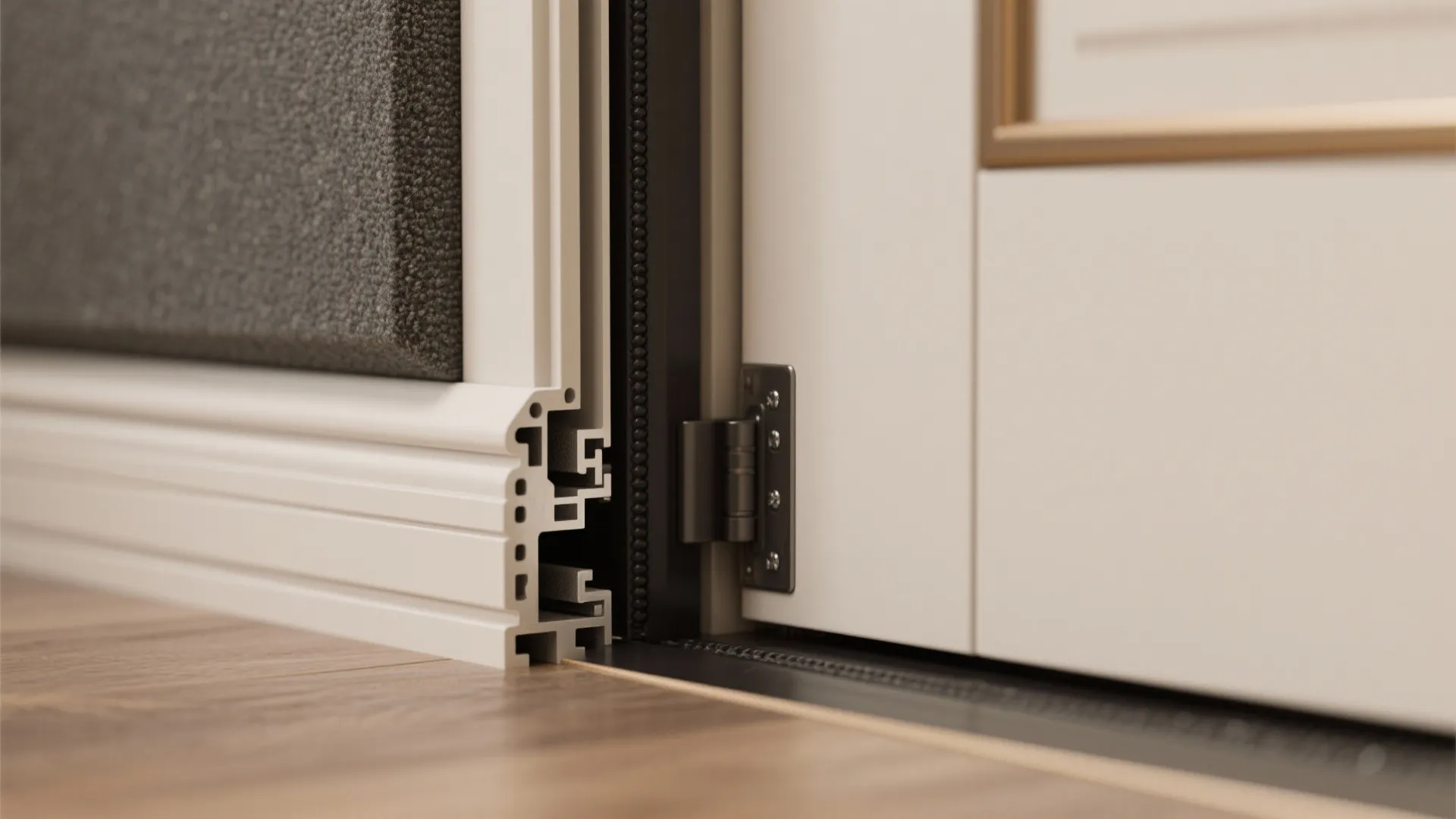 Close up of a sliding door metal hinge and white wall panel on wood floor