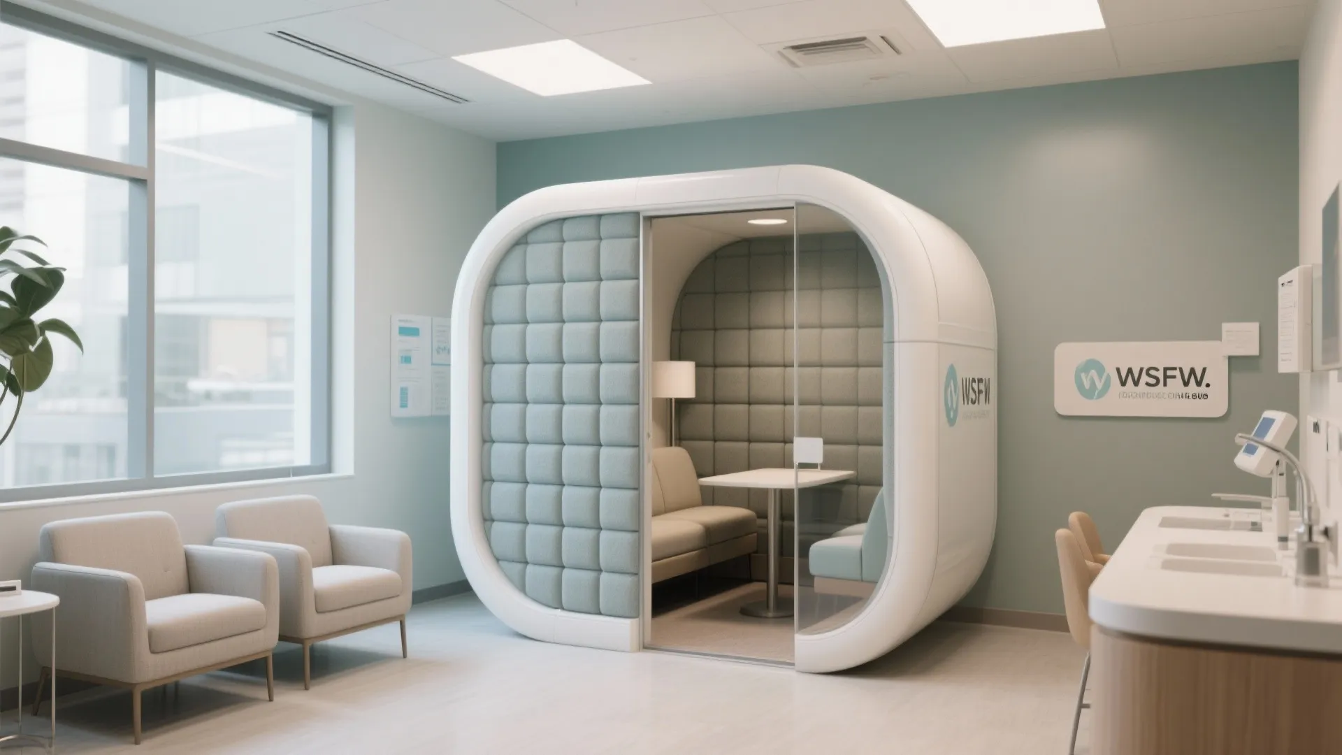 Modern white privacy meeting pod with glass door placed in a medical clinic waiting room