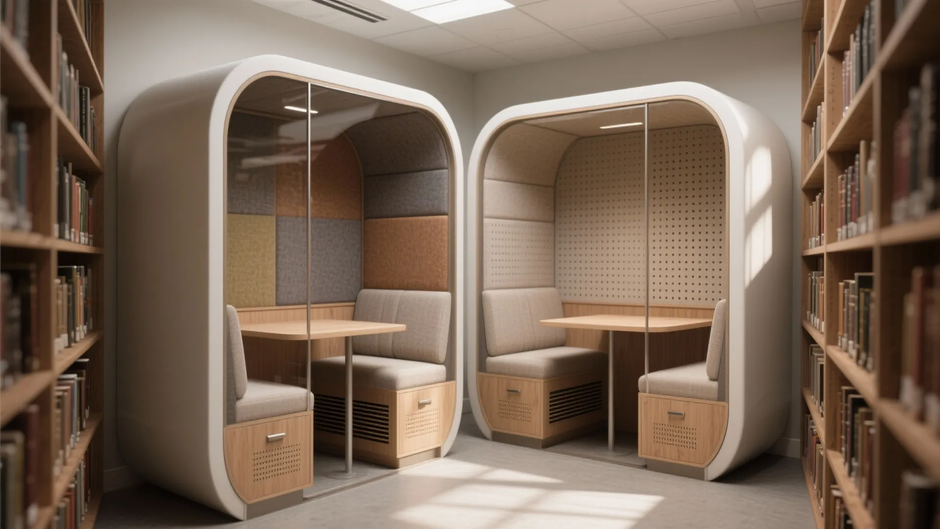 Two modern private work pods with tables and seating inside a library filled with bookshelves