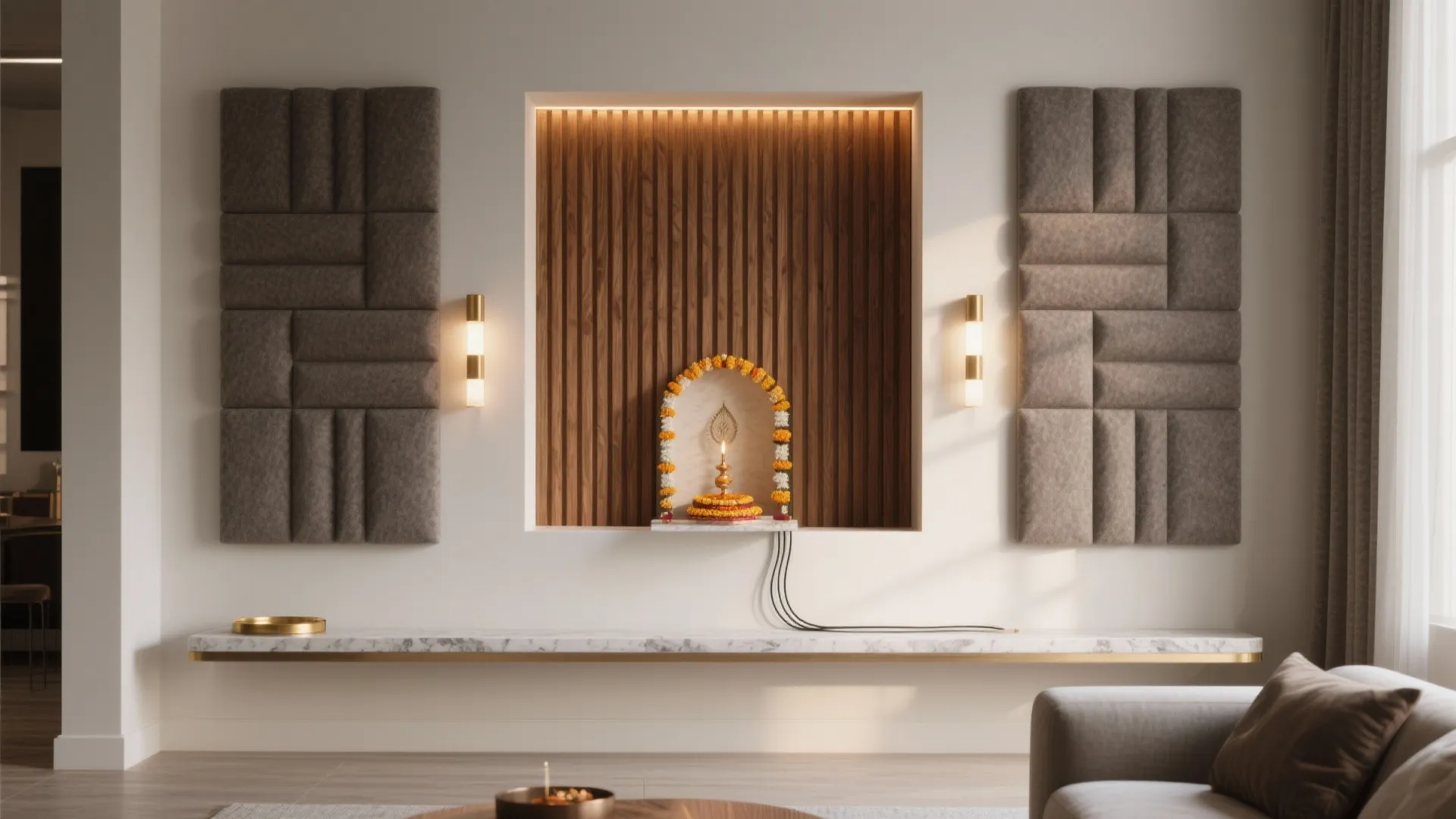 Wall-mounted pooja alcove flanked by felt-backed slatted wood acoustic panels, warmly lit for chants.