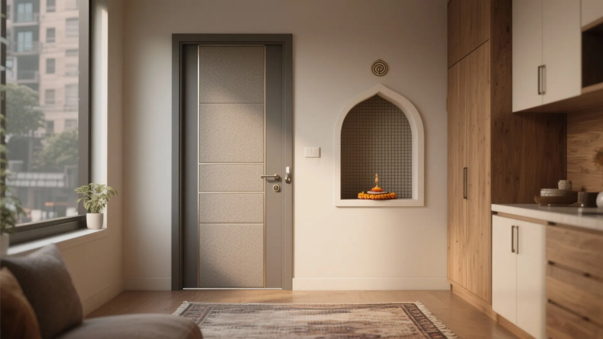 Compact pooja niche with a composite acoustic door and slim perimeter seals.