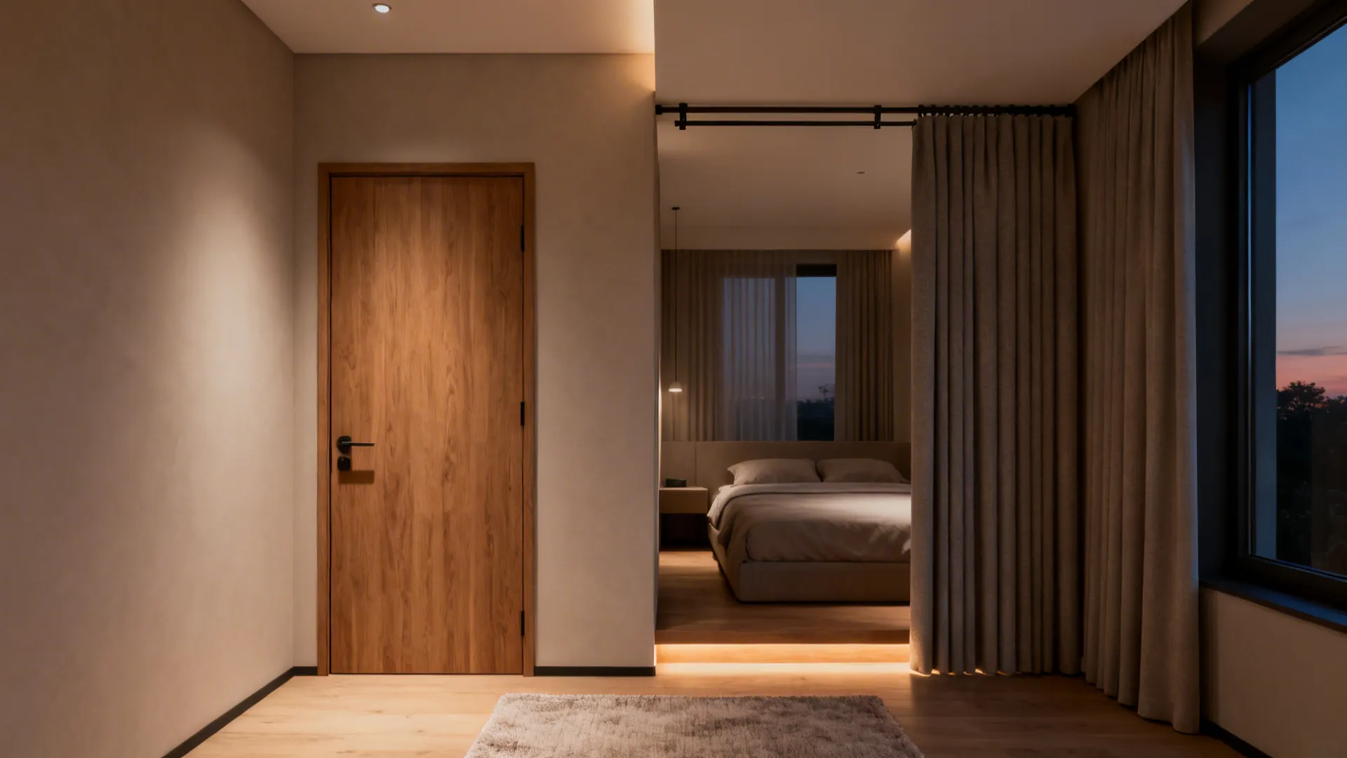 Wooden door next to a grey curtain separating a bedroom with a bed and window