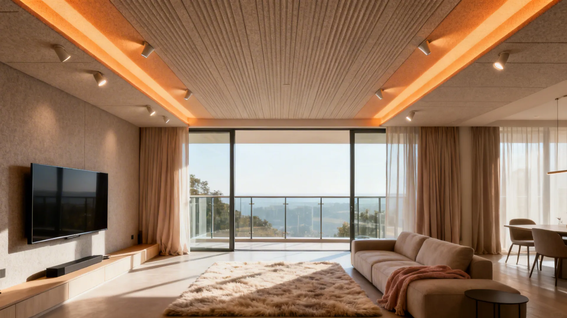 Open-plan living room with textured acoustic PVC ceiling panels and integrated spotlights.