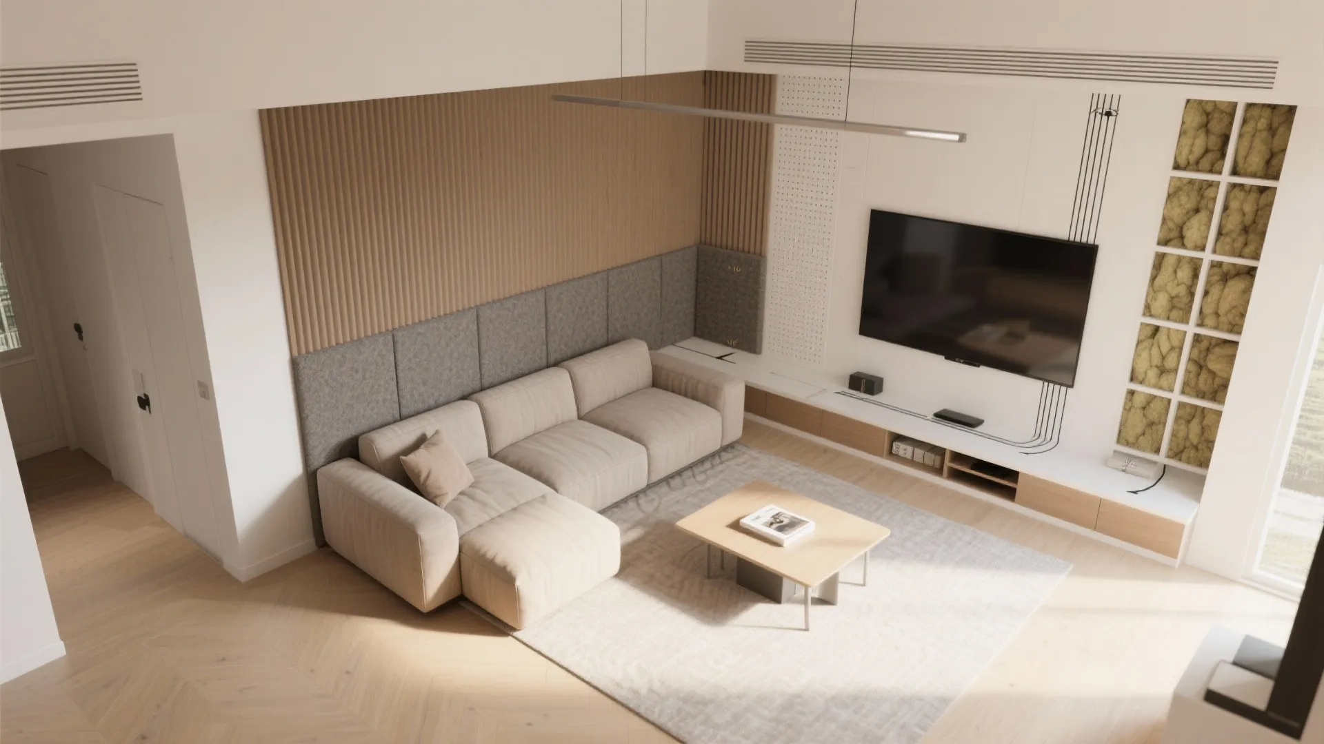 Modern living room featuring beige sofa wooden coffee table wall panel television and ceiling light