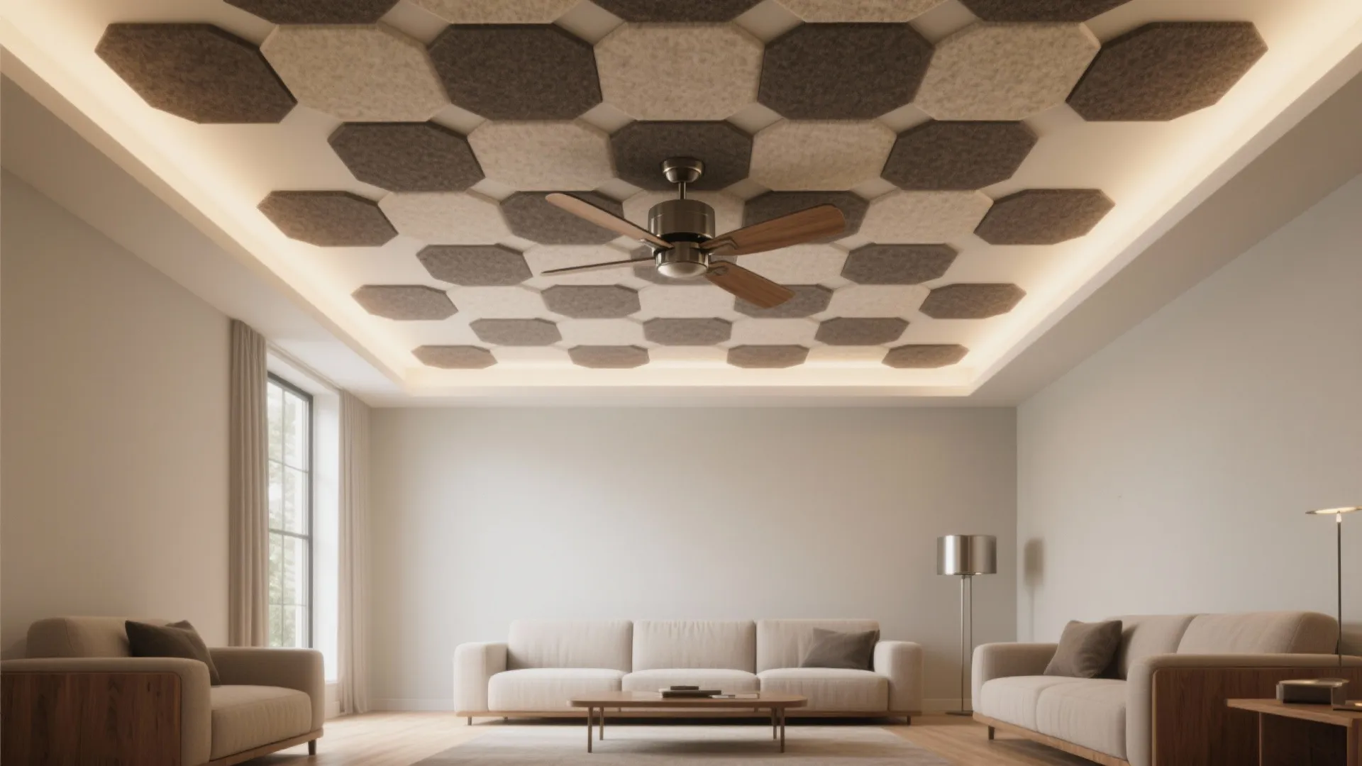 Idea 5: Acoustic art ceiling (comfort + pattern)