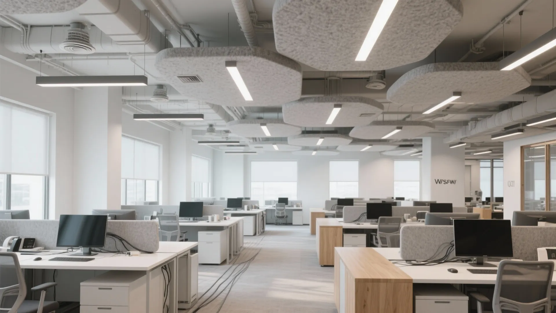 Large open office workspace featuring grey hanging ceiling panels white desks and many computer monitors