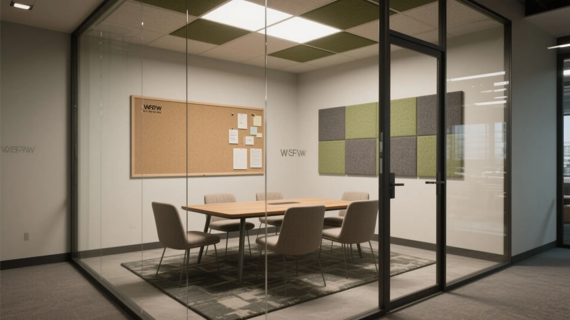 Small meeting room with glass door wooden table grey chairs cork board and wall panel decor