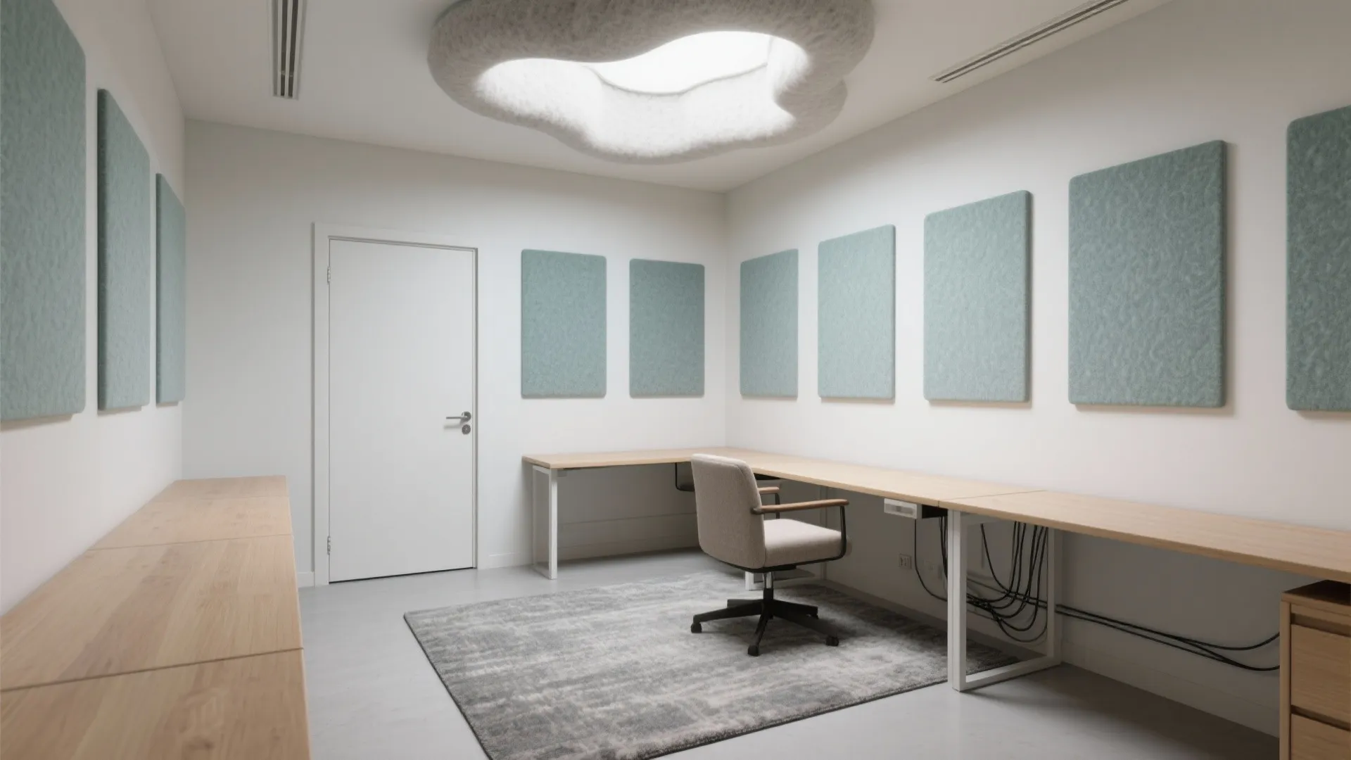 Modern office room with white walls long wooden desks grey rug and blue square panels