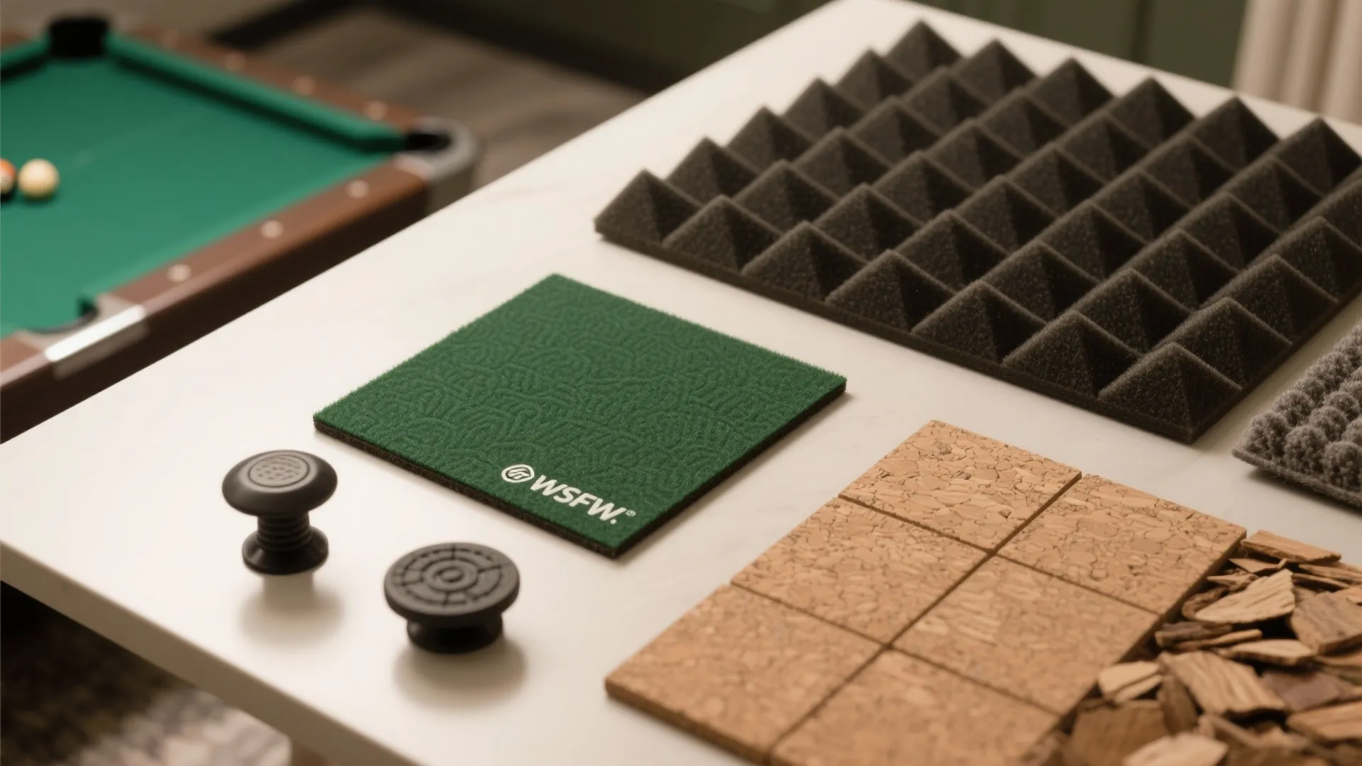 Table displaying various interior design samples including green carpet square foam panels and cork tiles