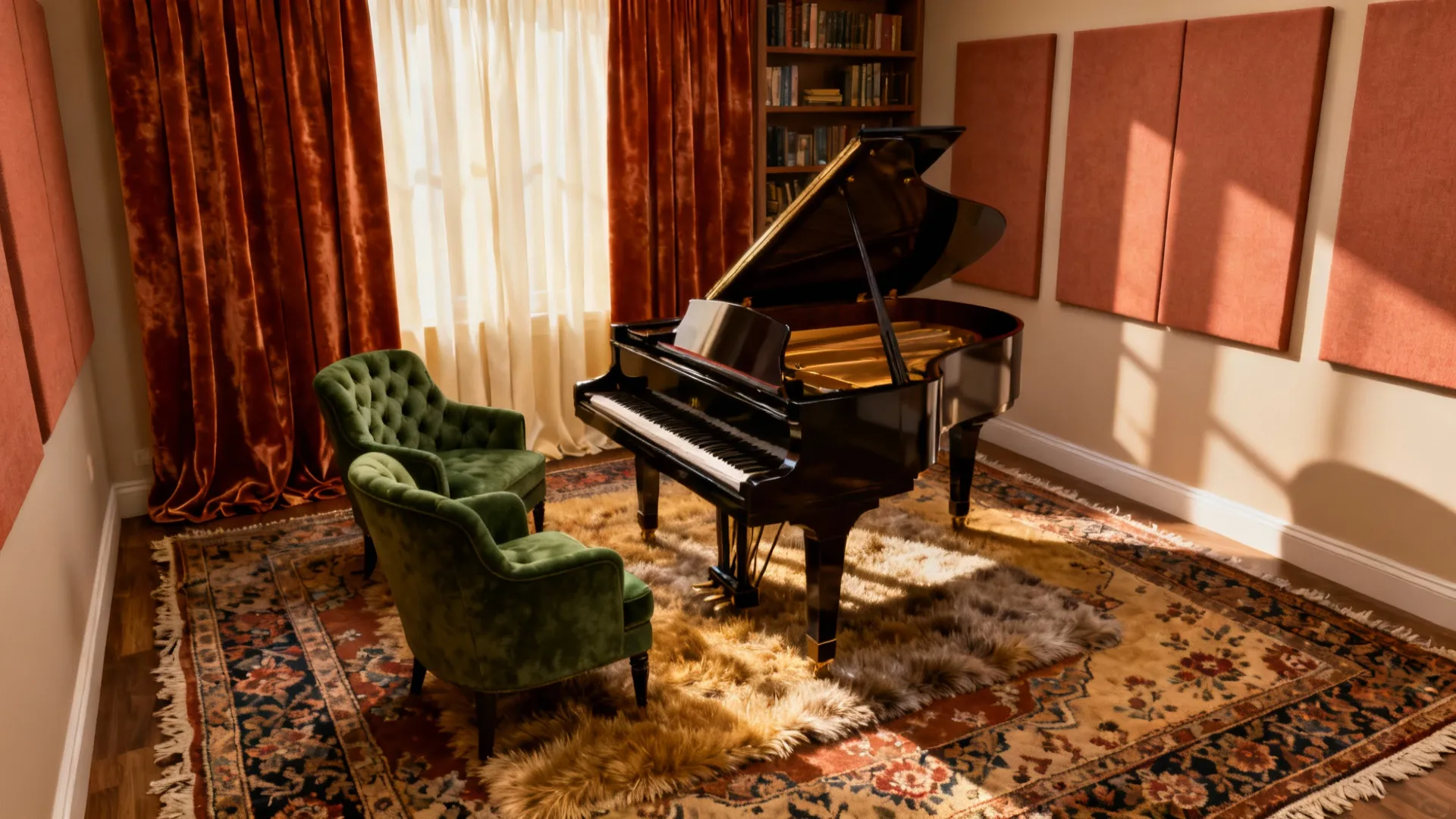 Layered rugs, curtains and upholstered chairs around a baby grand piano to improve acoustics in a small room.