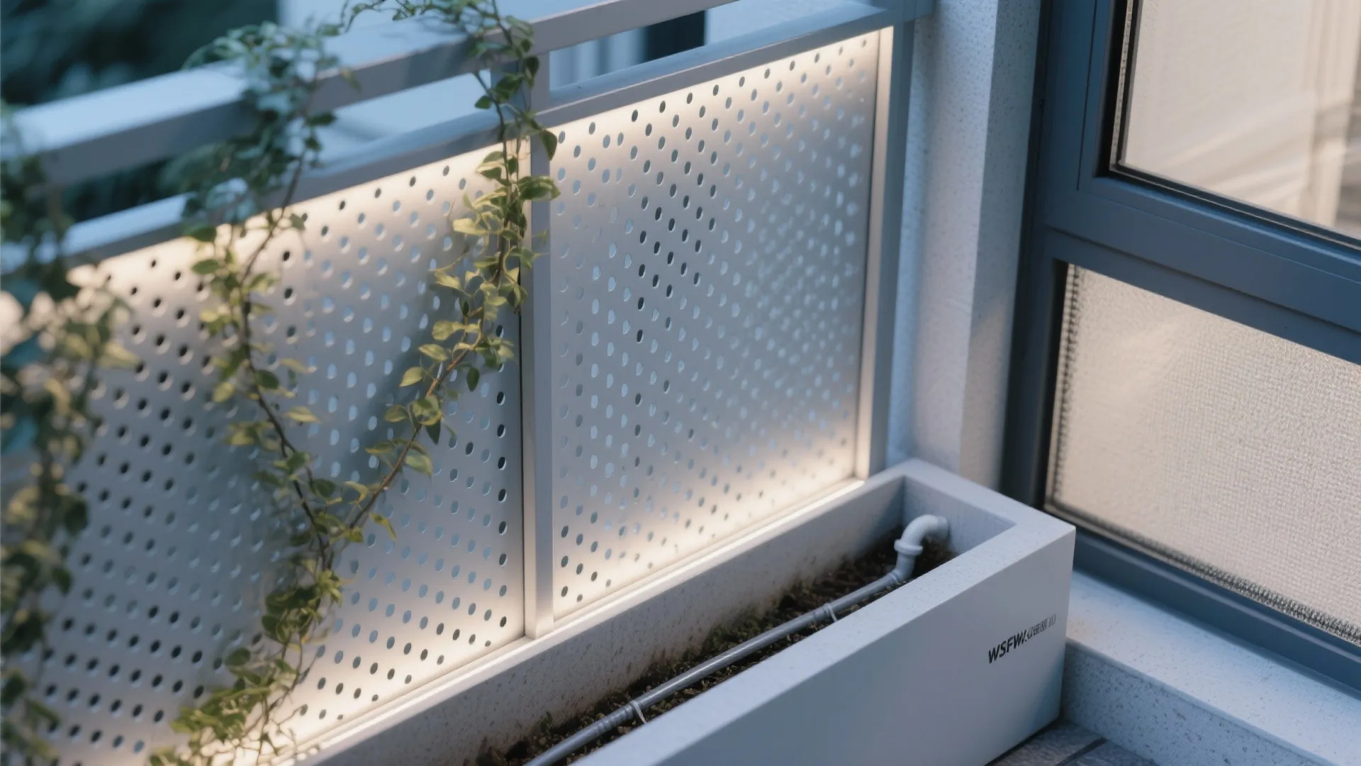 Close-up of perforated aluminum balcony screen with climbing vines and concealed irrigation line.