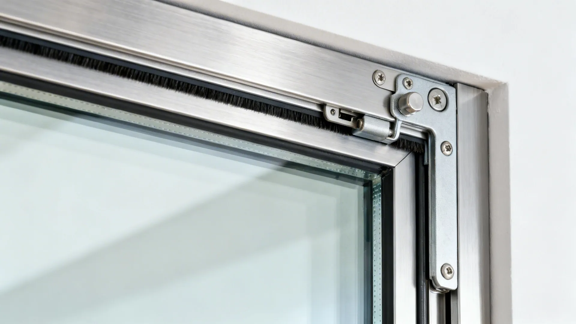 Close up showing the brush seal detail on a metal glass window frame with metal screws