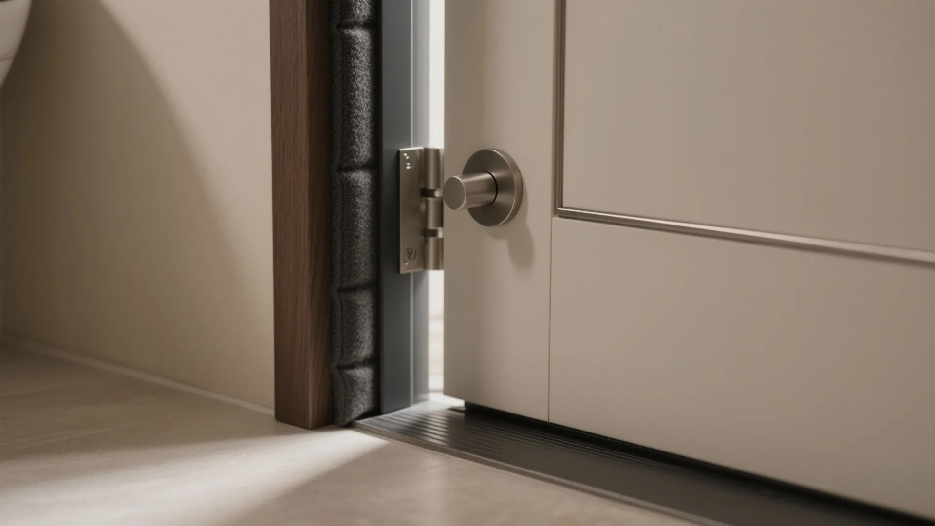 Close up of white door showing metal handle with a grey sound seal on frame