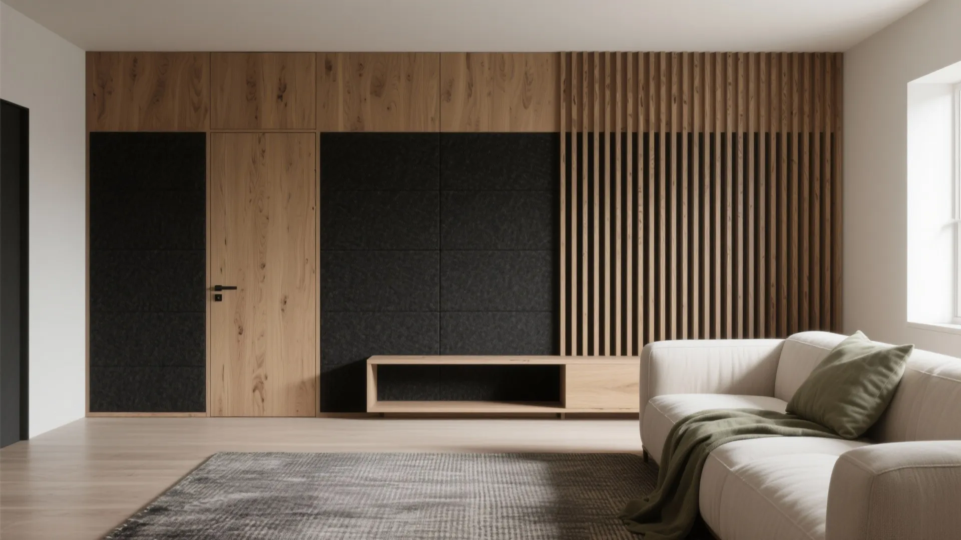 Modern living room with wood wall panel black felt sections white sofa and grey rug