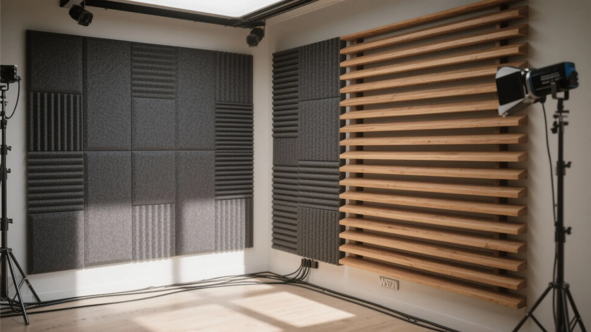 Studio room with grey soundproof wall panels wooden slats professional lighting and light wood flooring