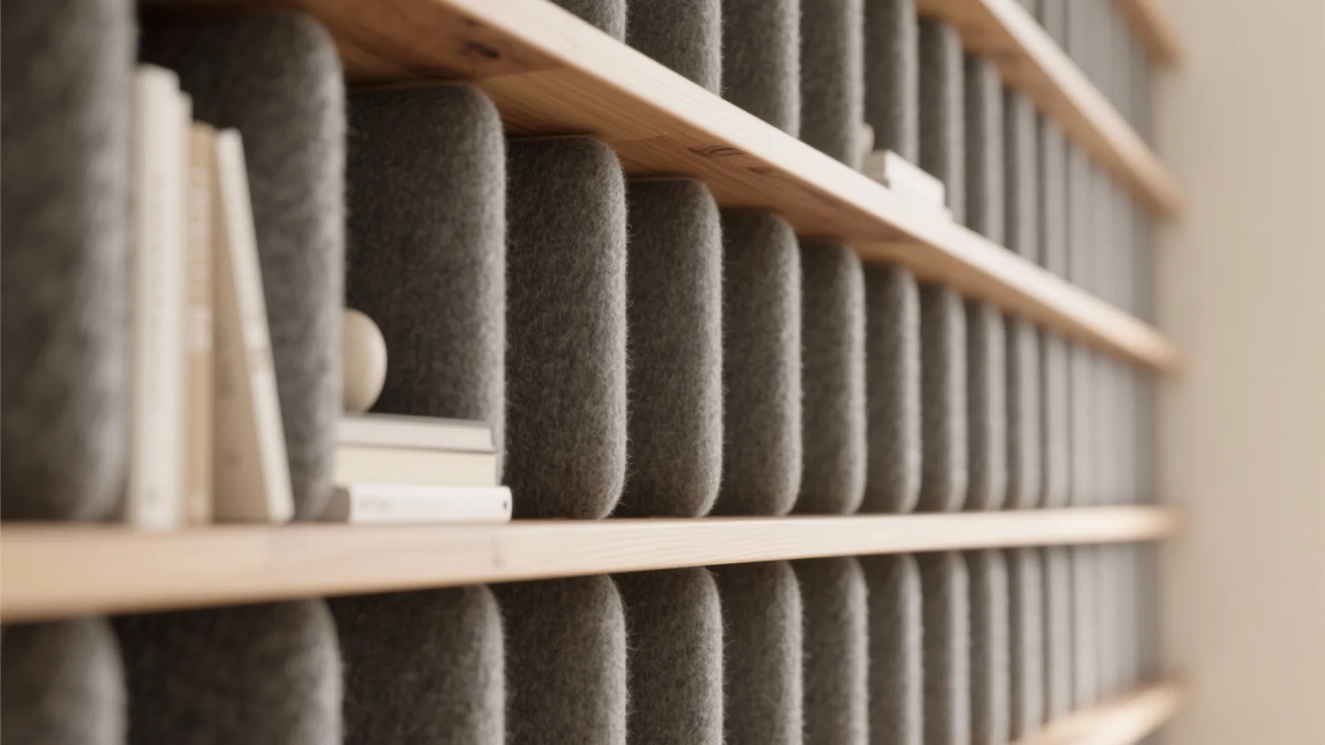 Macro of slatted wood shelving with gray felt backing absorbing sound.