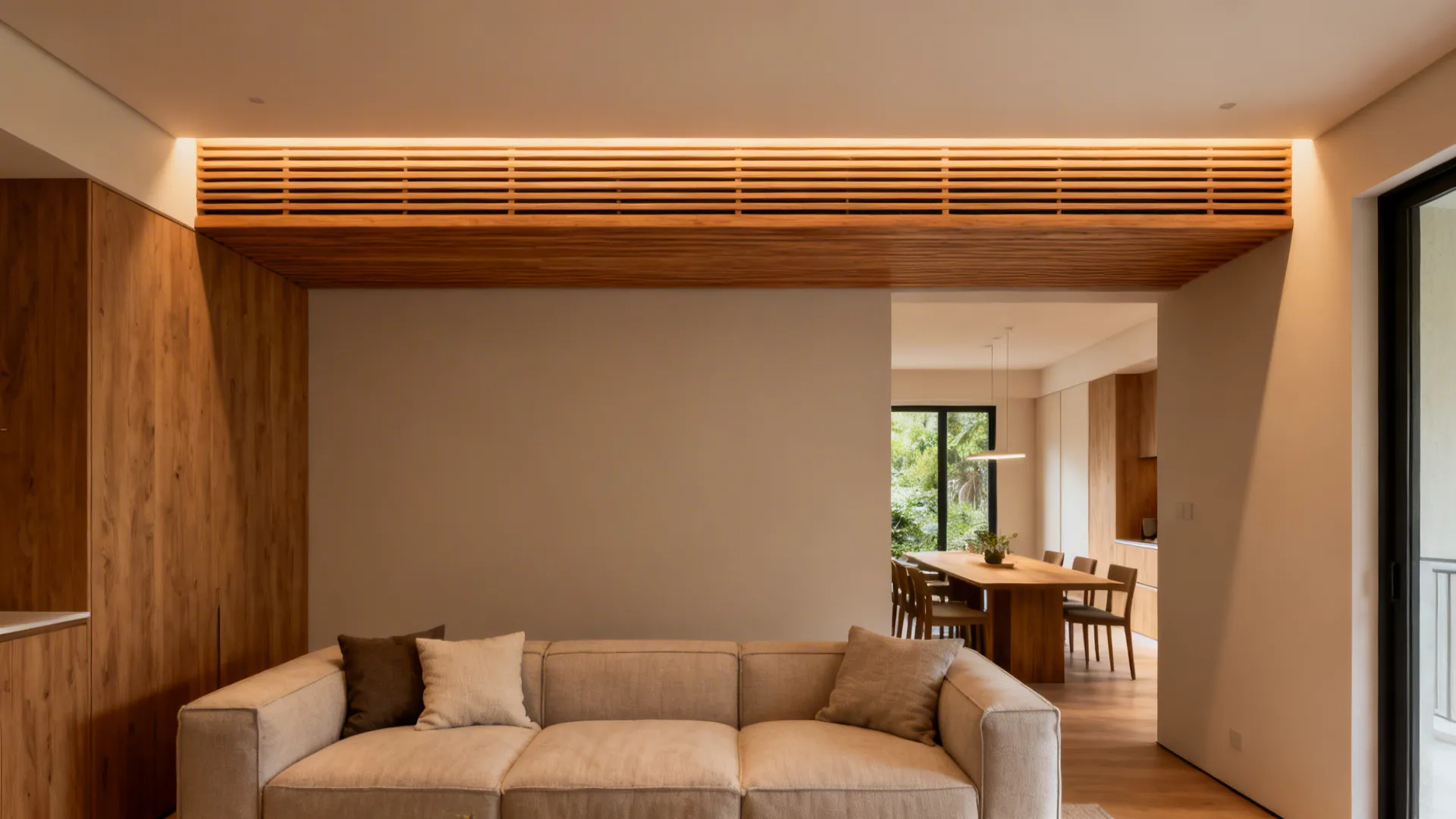 Wood slat ceiling band with hidden acoustic backing above a sofa in a warm living area.