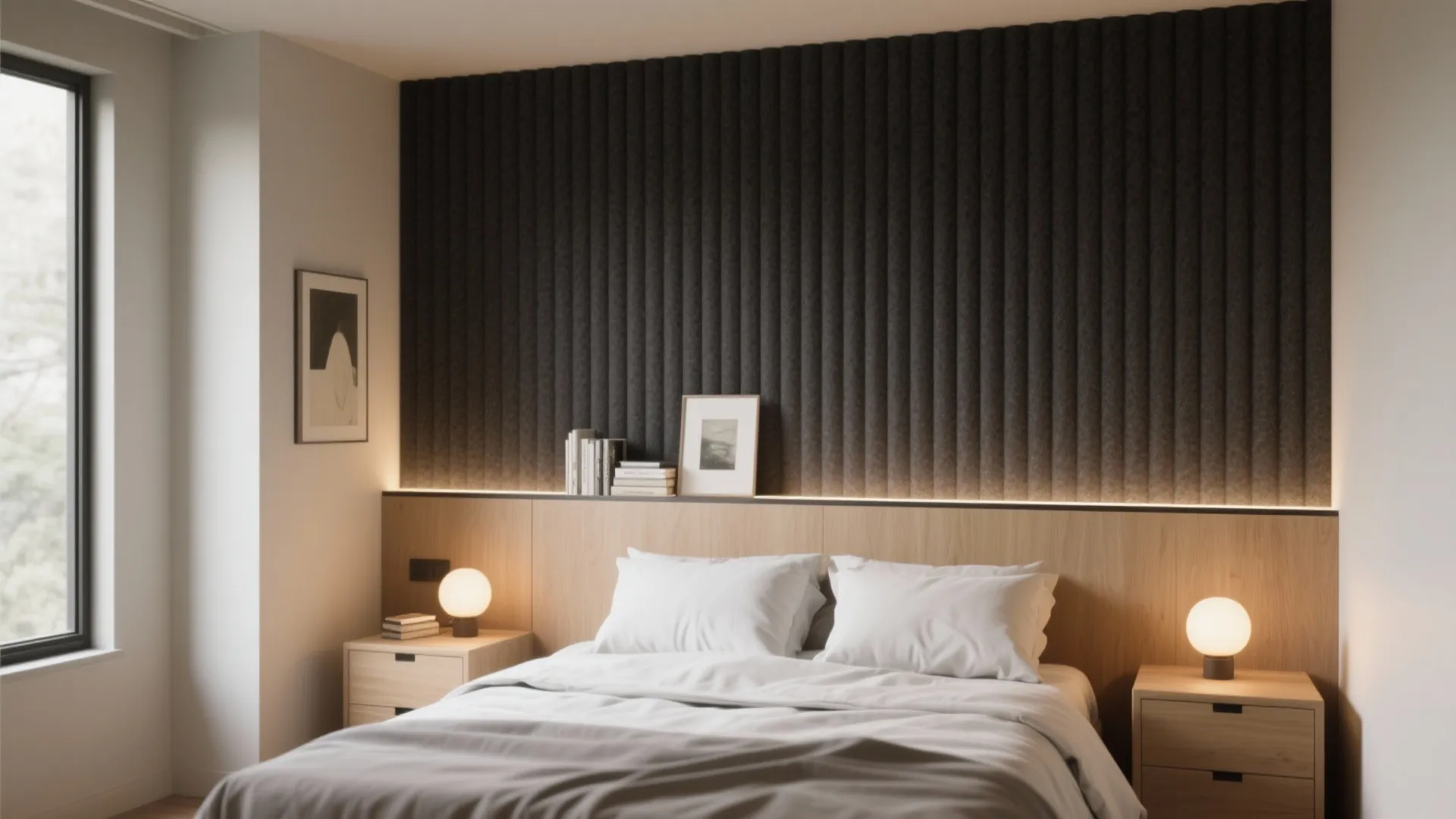 Acoustic PVC slat wall behind the bed