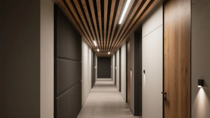 Modern Hallway Design with Wood Ceiling and Acoustic Panels