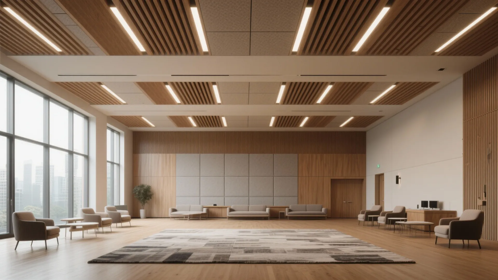 Modern office lounge with wooden wall panel ceiling light fixture grey sofa and large windows