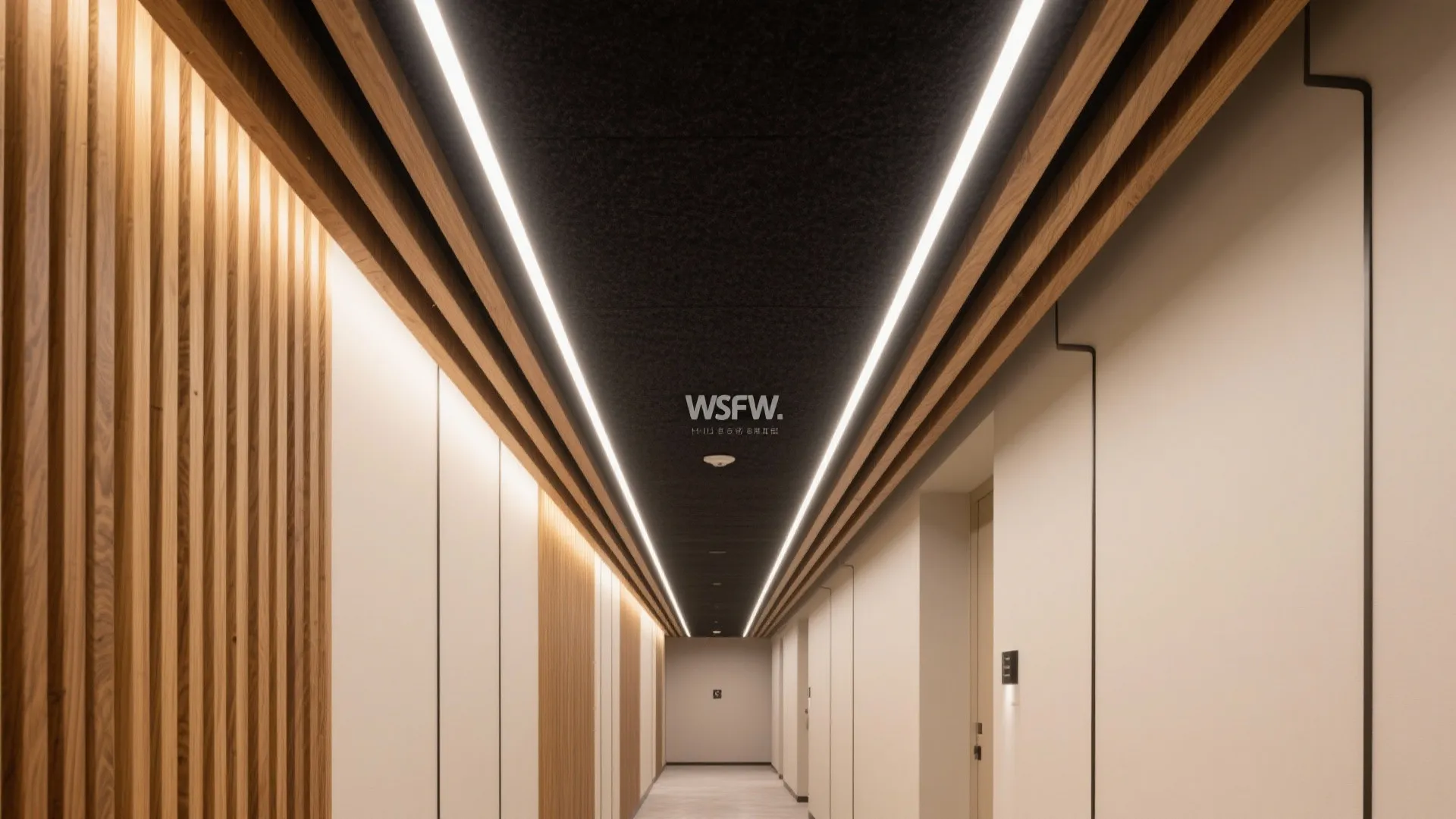3) Acoustic Slat Ceiling with Hidden Linear Lights