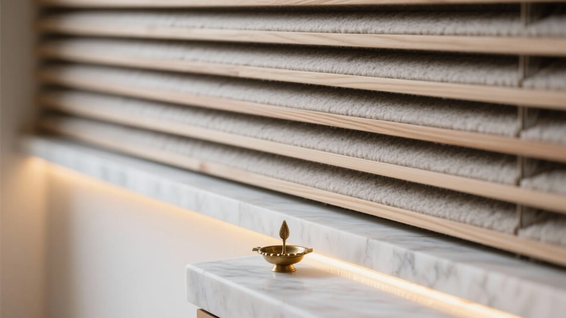Macro of acoustic slat panel with felt backing beside a stone ledge and warm toe-kick light.