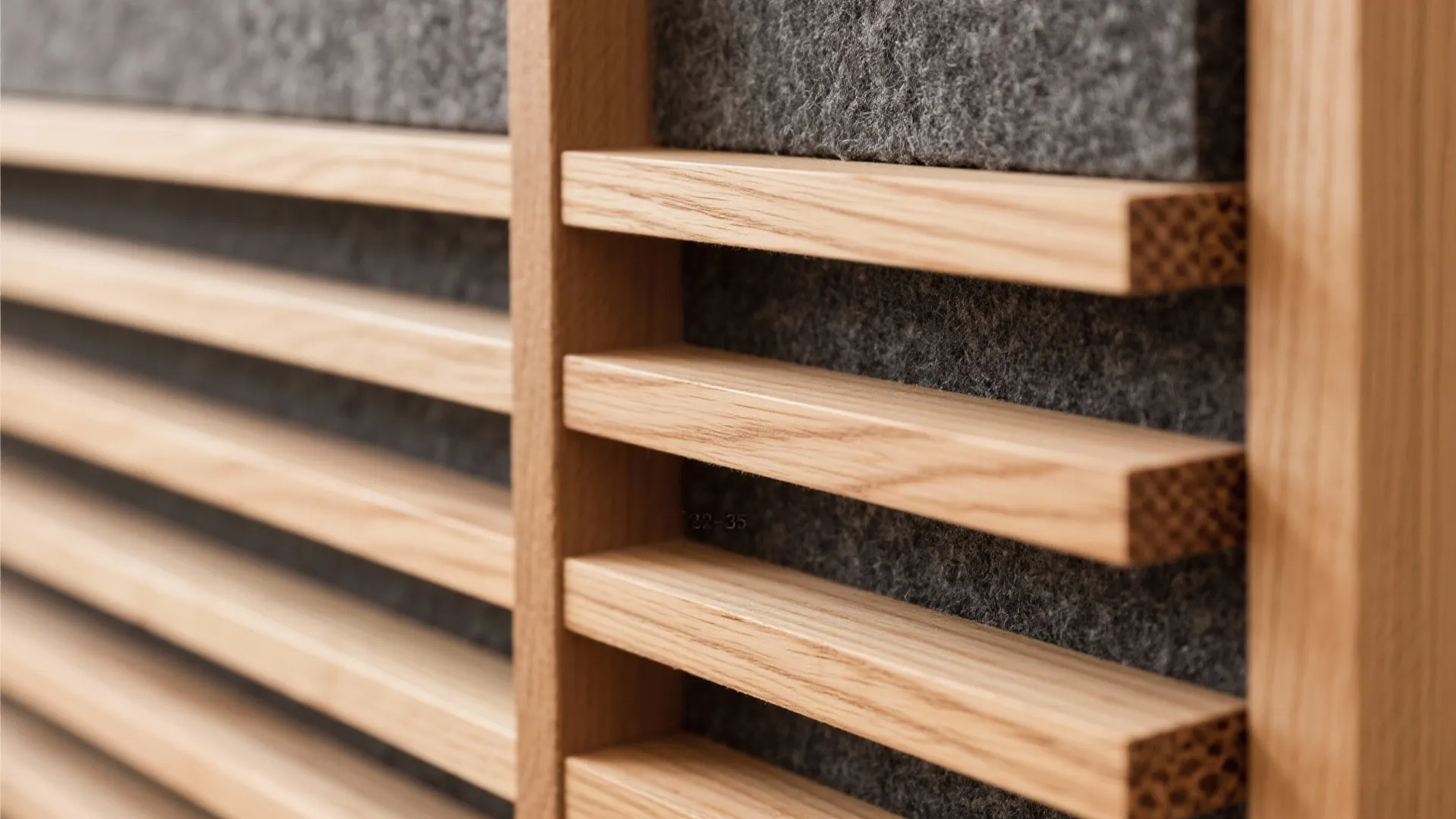 Close up view of horizontal wooden wall panel slats with grey fabric backing for soundproofing