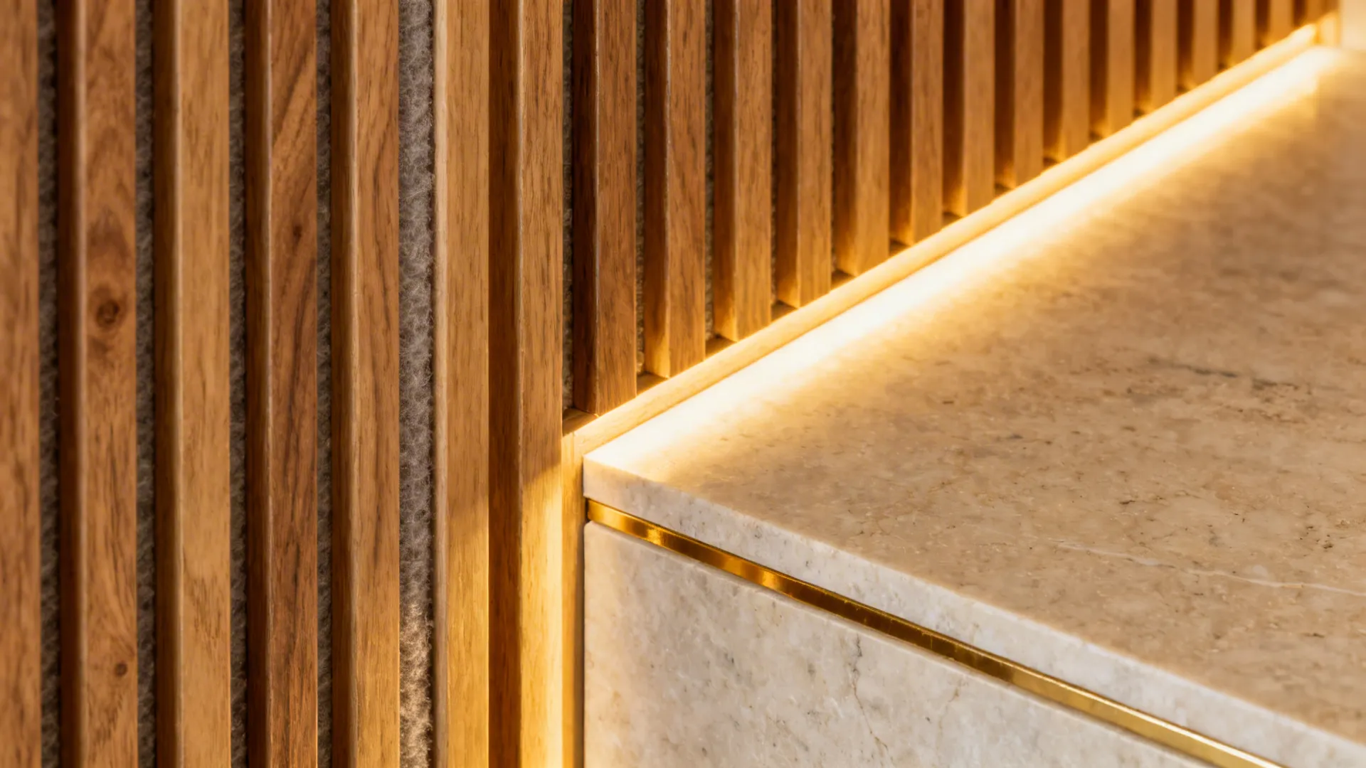 Macro of ribbed wood slats with PET felt backing next to a honed stone panel.