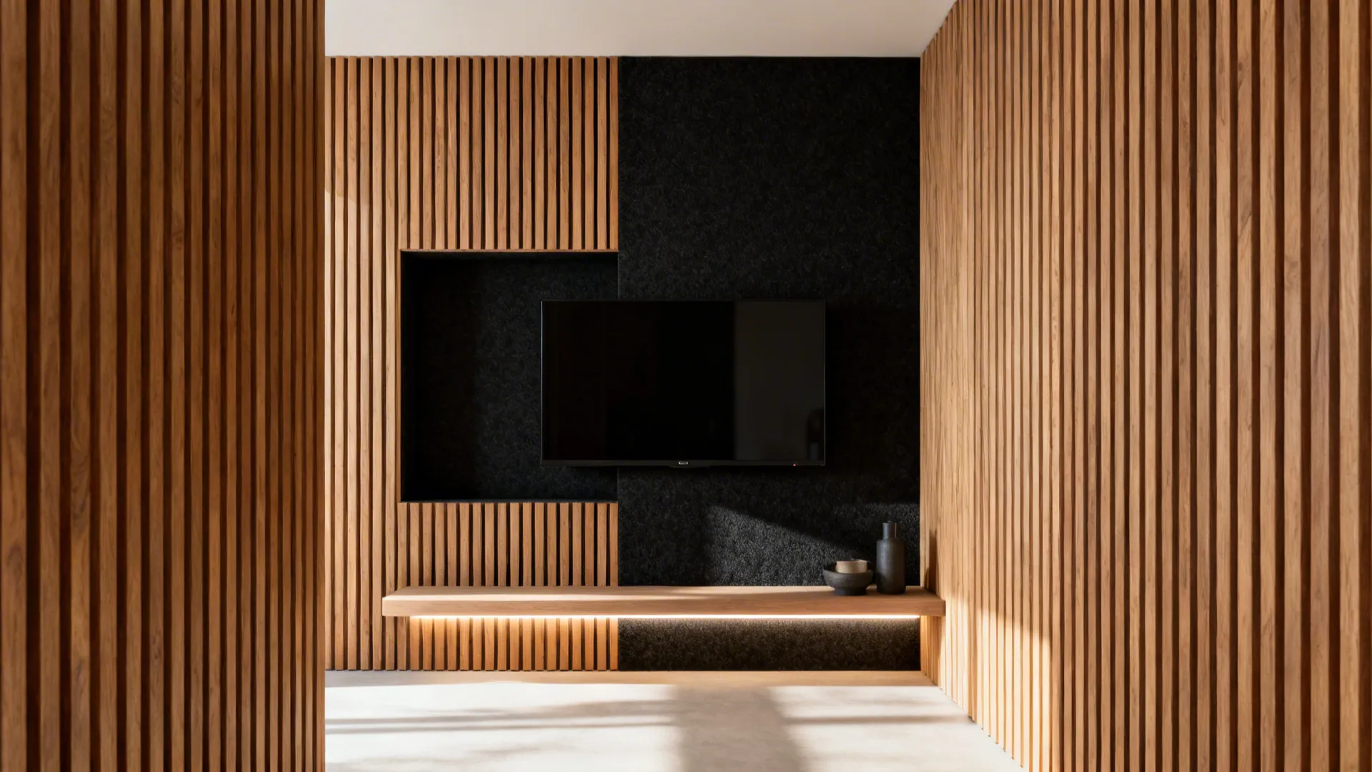 Oak vertical slat media wall with black felt backing and concealed lighting.