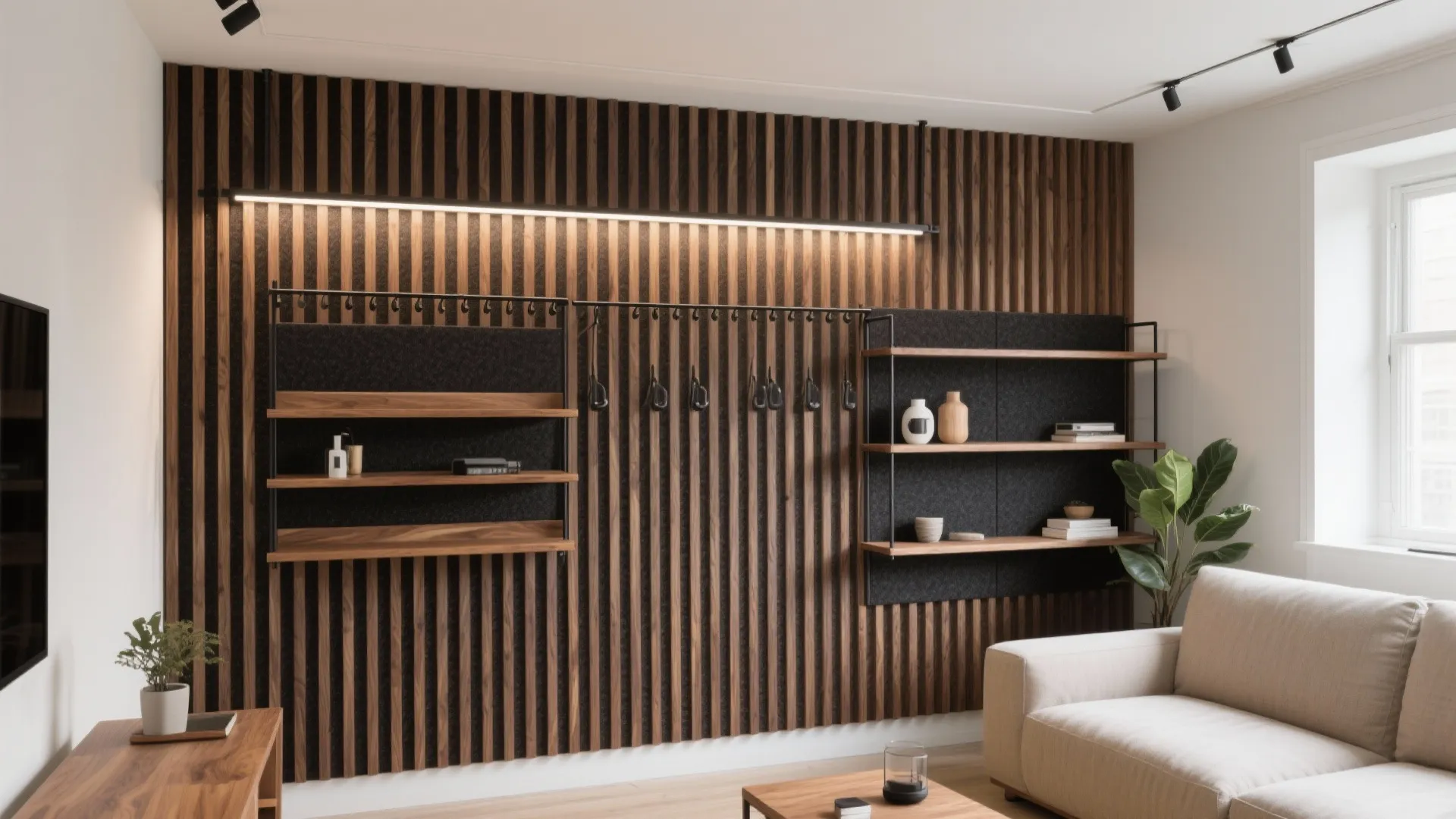 1) Slatted Wall Systems With Integrated Storage and Acoustics