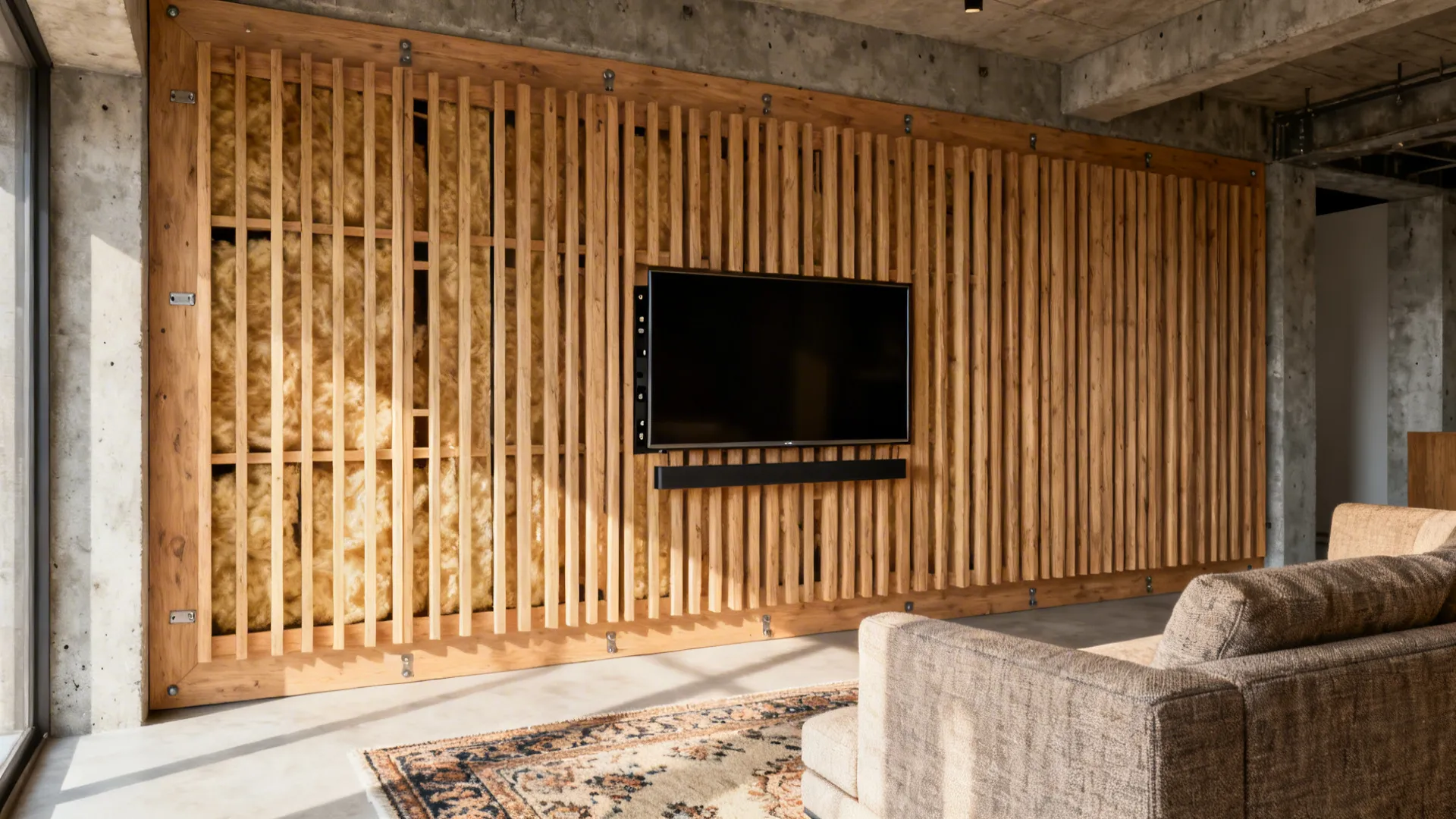 TV integrated into vertical wood slat acoustic panels on a living room feature wall.