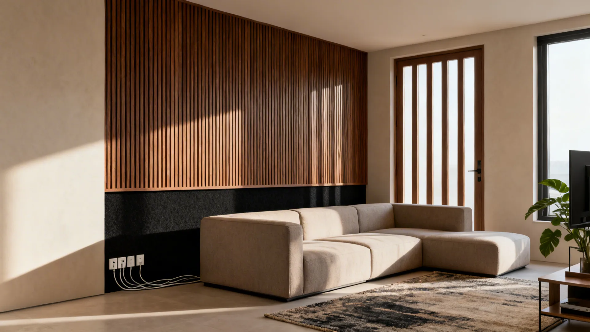 Walnut slat wall with black acoustic backing conceals cables behind a sofa.