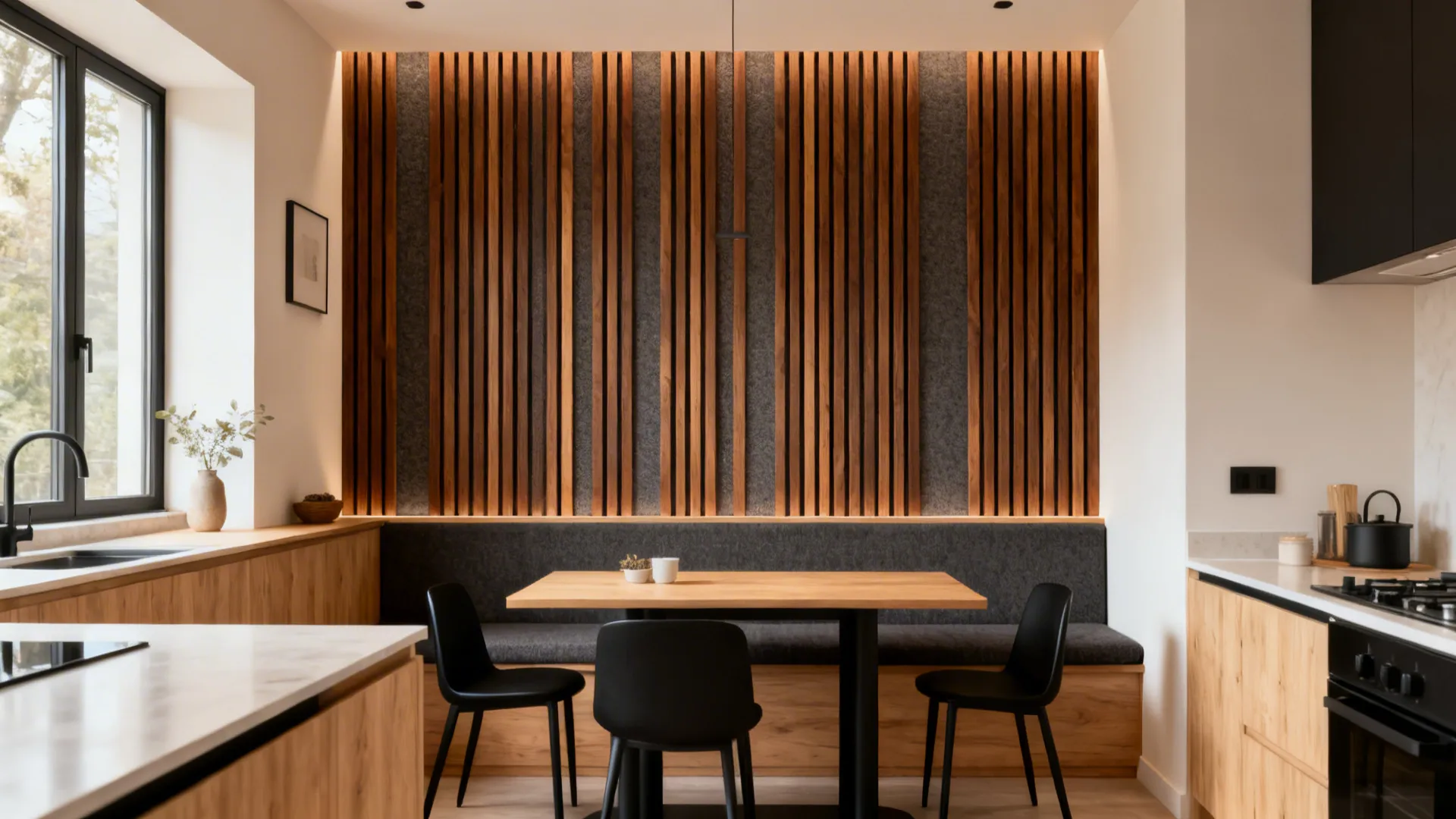 Walnut slatted wood over acoustic felt forming a modern feature band in a kitchen nook.