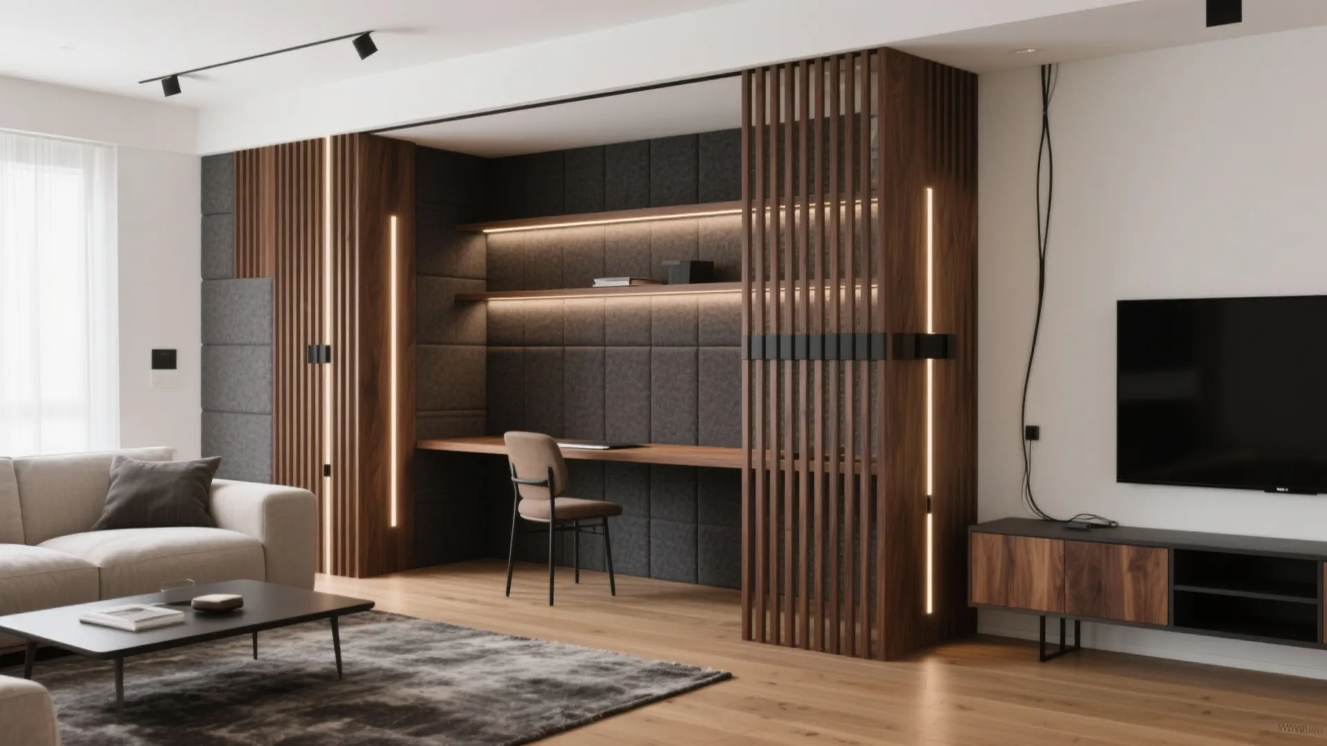 Sound-Savvy Dividers: Slats, Acoustic Panels, and Media Walls
