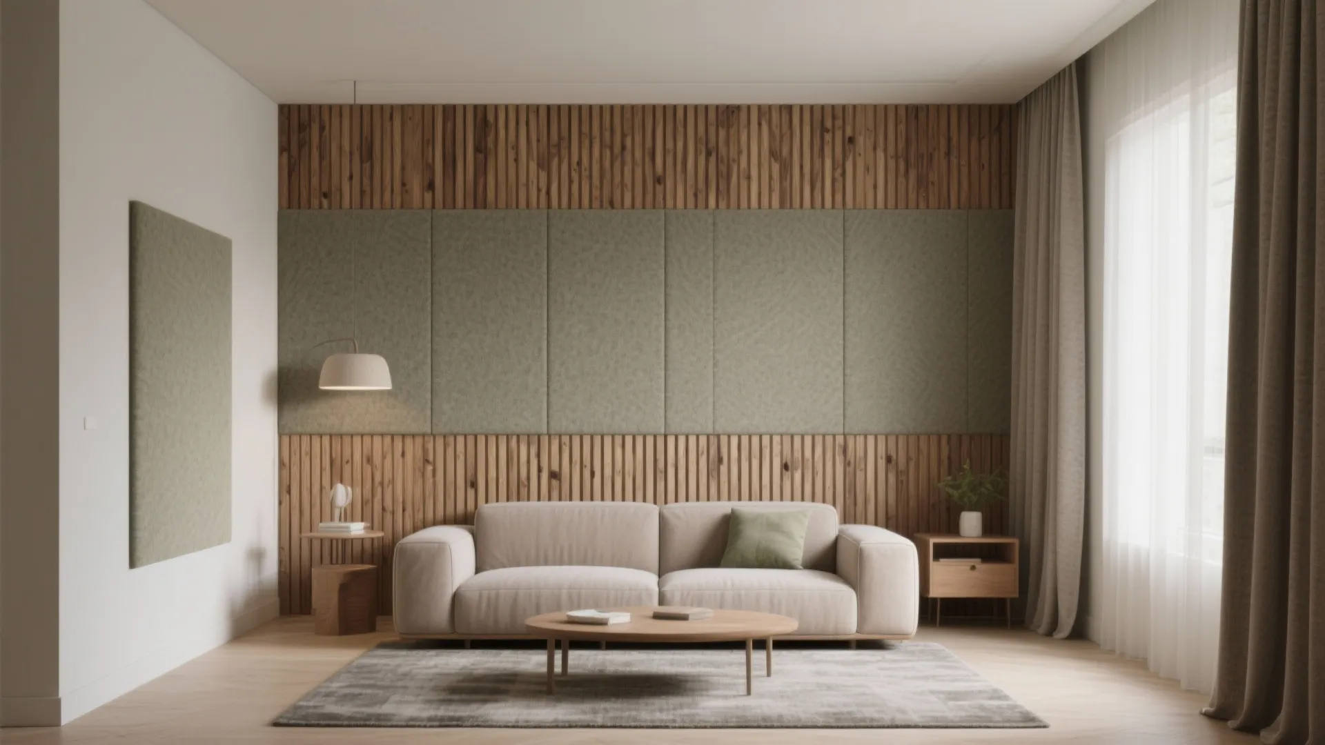 Minimalist living room with beige sofa, wooden coffee table, wood wall panels, and green fabric