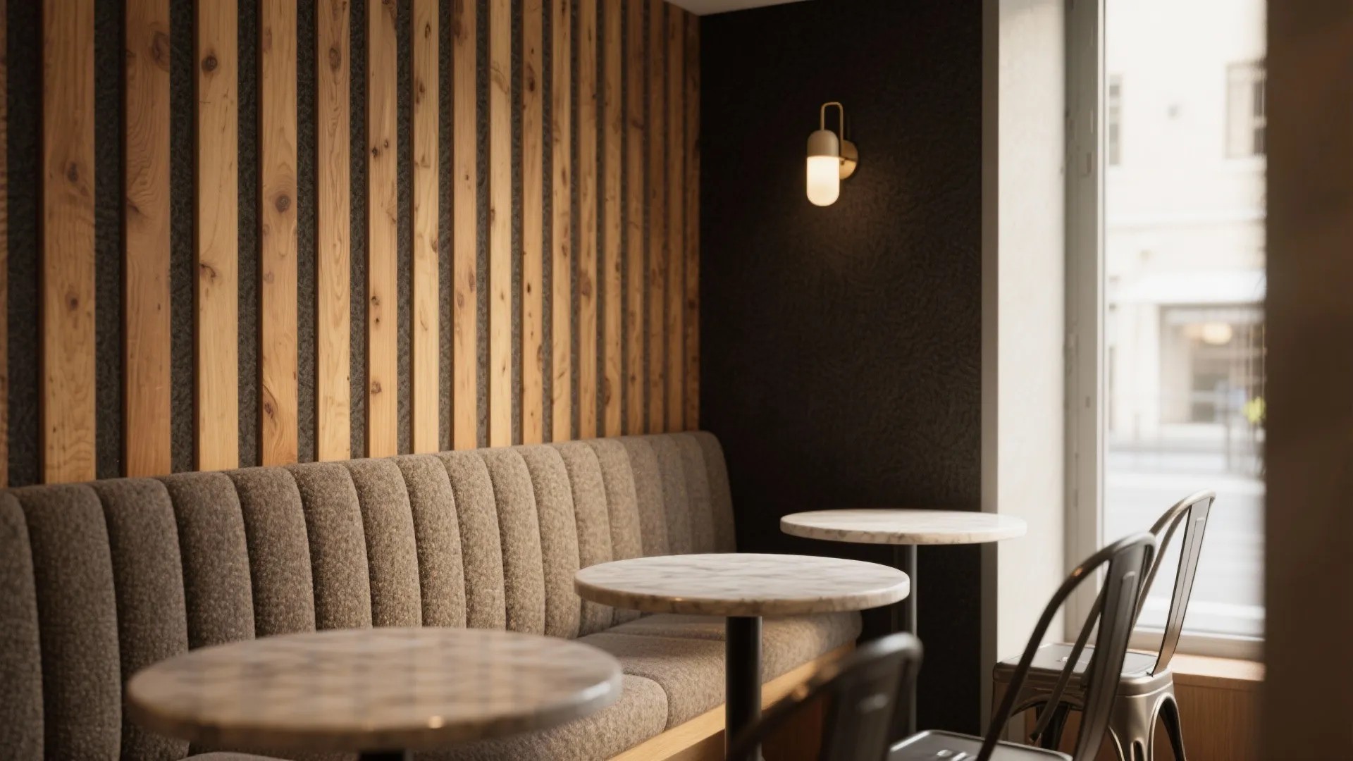 Modern cafe interior with wooden wall panels grey sofa round marble tables and metal chairs
