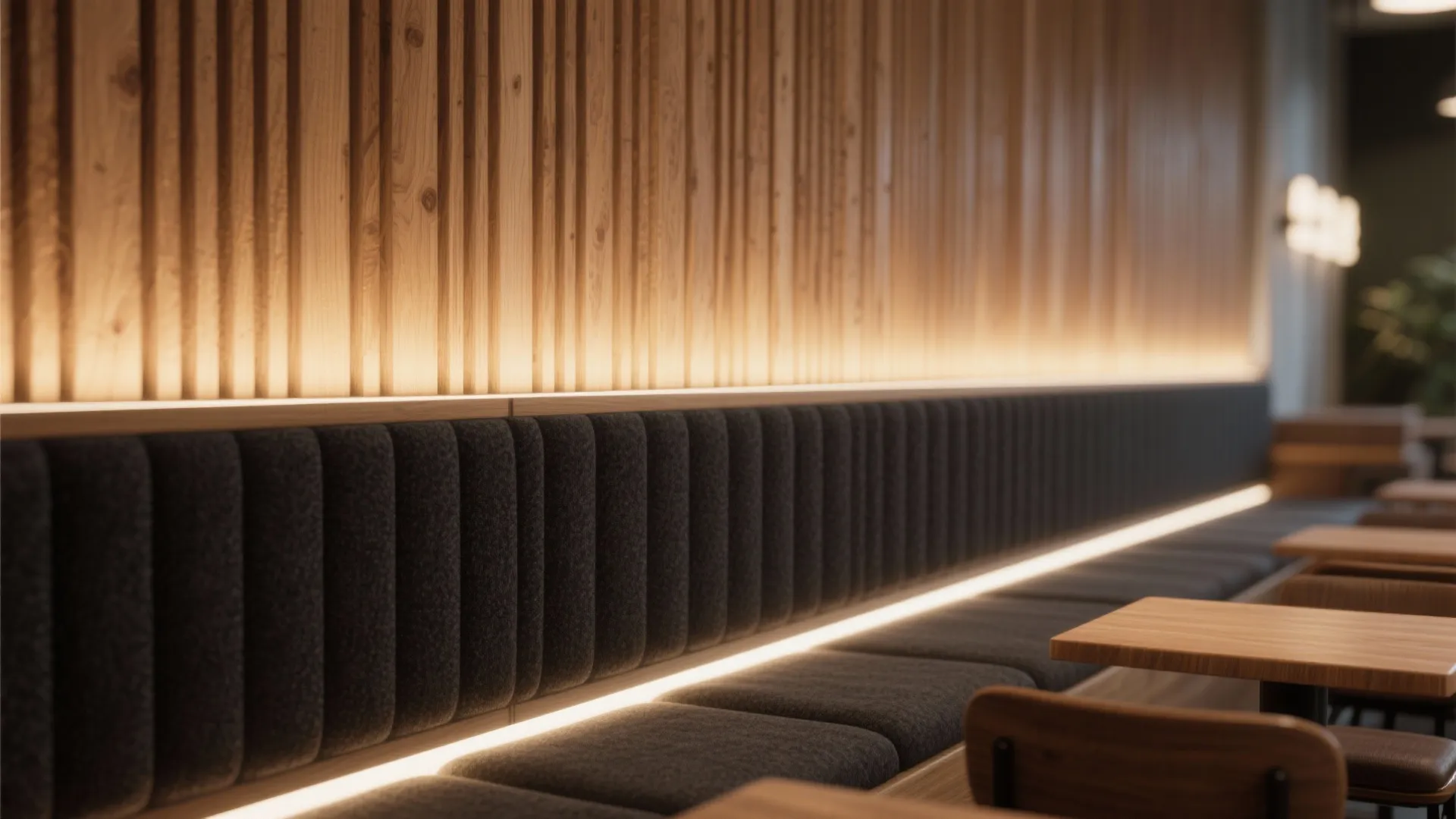Modern restaurant interior with vertical wood wall panels warm lighting and dark grey cushioned seating