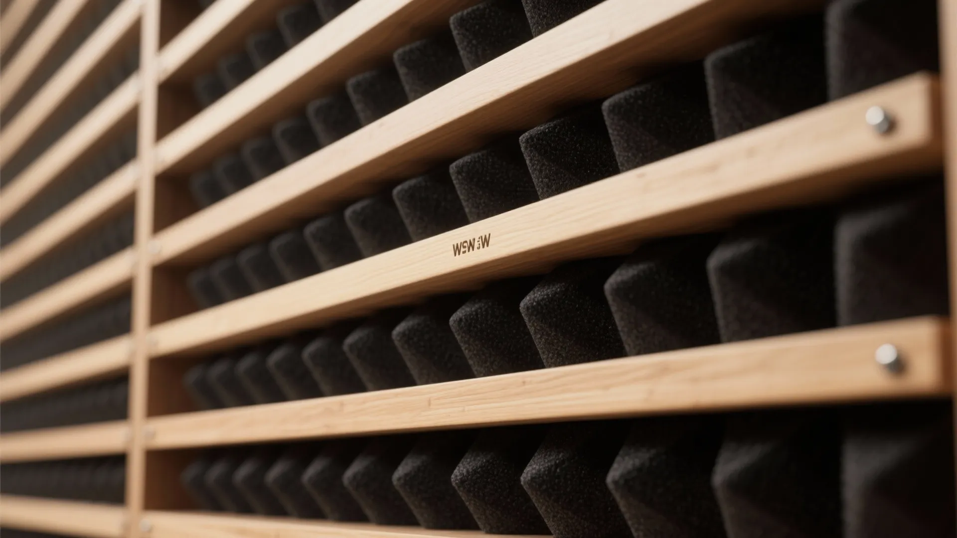 Close up view of light wood wall panels with black foam blocks for sound control
