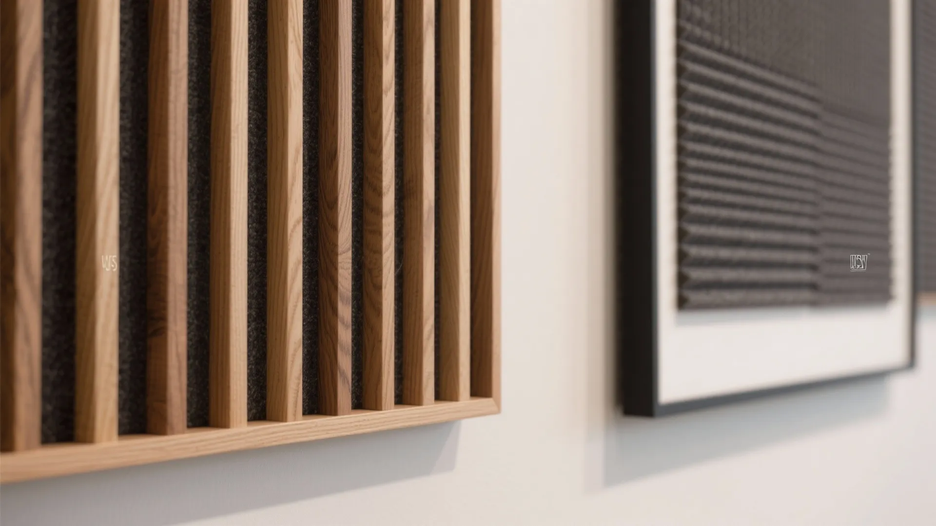 Close-up of vertical wooden wall panels with dark gray felt background and a framed art