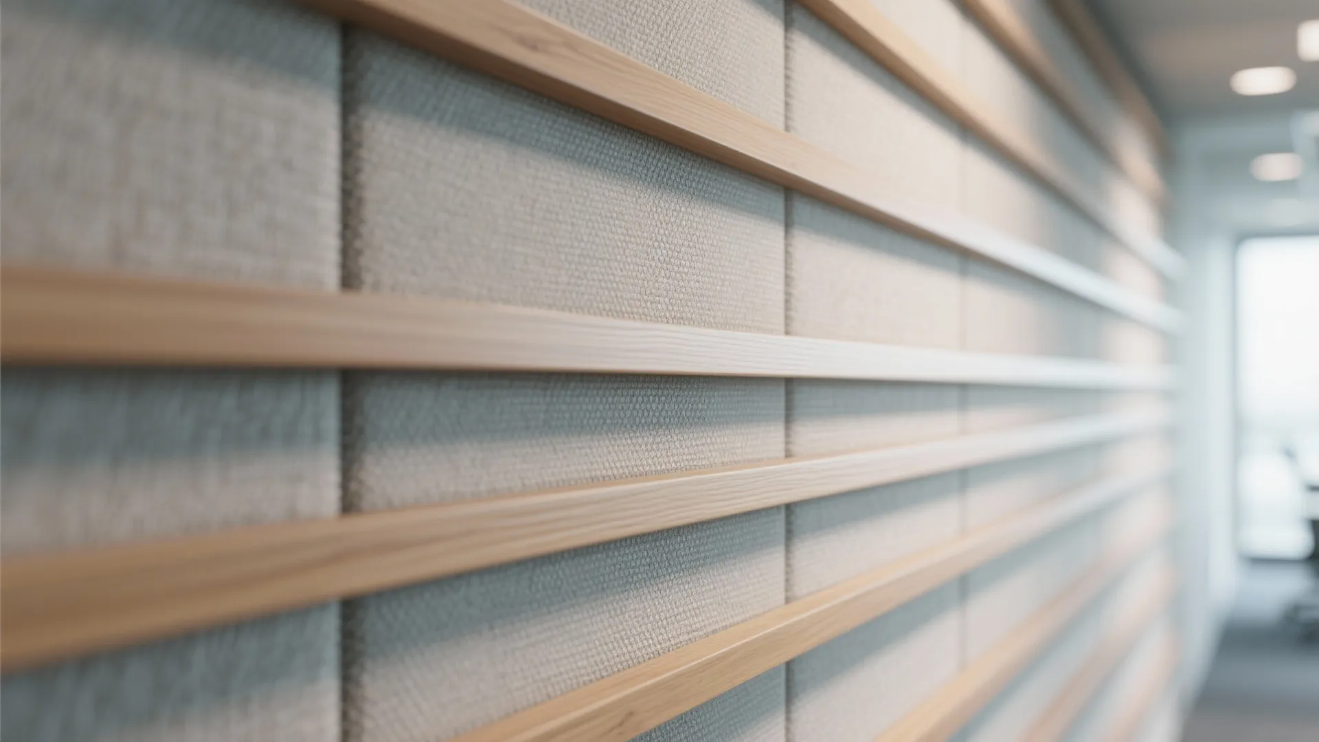 Close-up of slats with sound-absorbing fabric behind, showing fabric weave and wood battens.