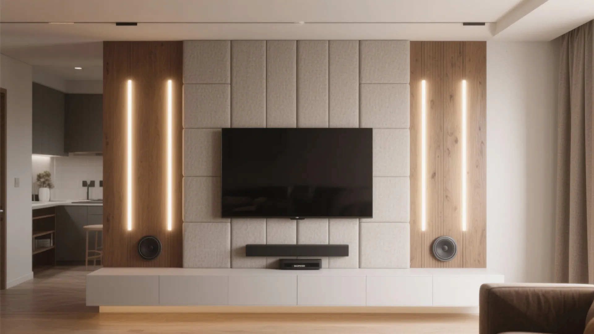 TV wall with vertical acoustic panels and integrated light slots adding soft glow and height.