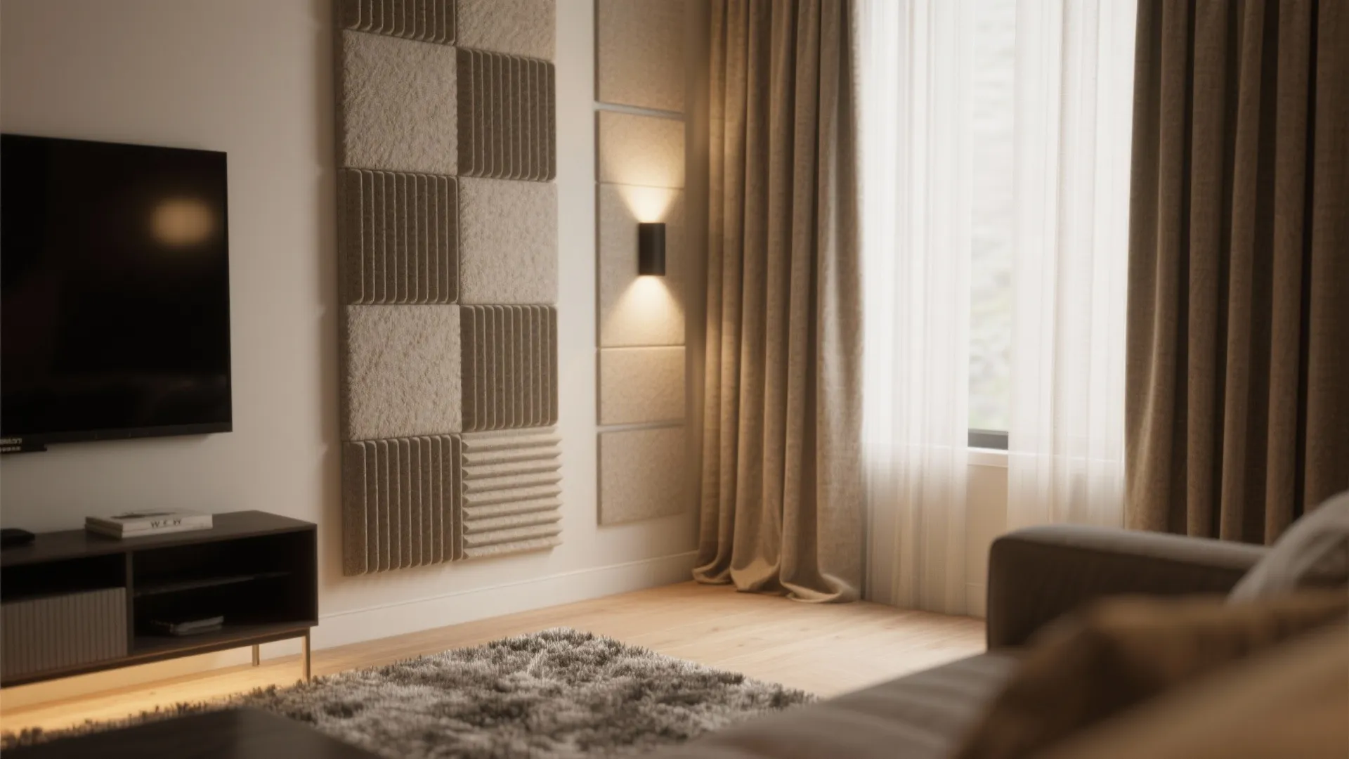 Close-up of textured acoustic panel, rug fibers and blackout curtains improving small room acoustics.