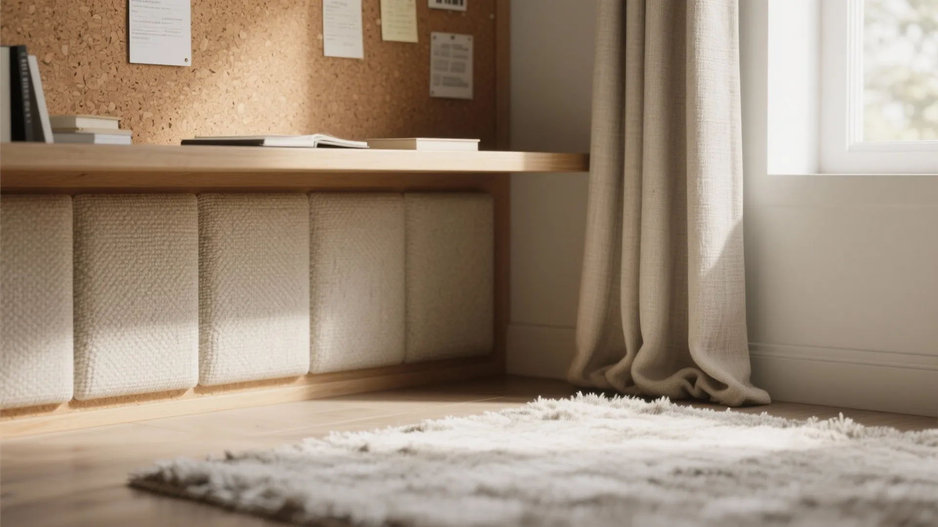 Close up of wooden desk with soft wall panels, cork board, beige curtains, and rug