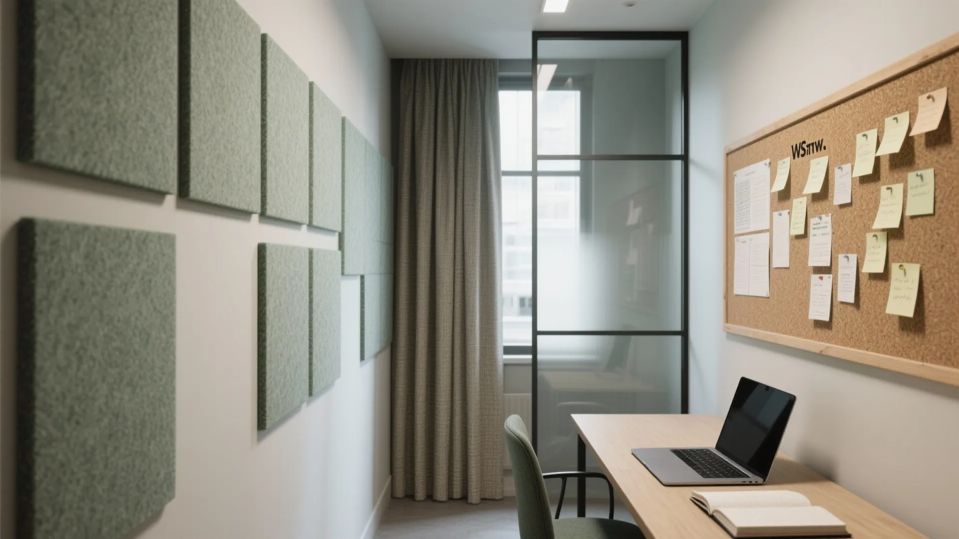 Small study room with laptop on wooden desk cork board green wall panels and grey curtains