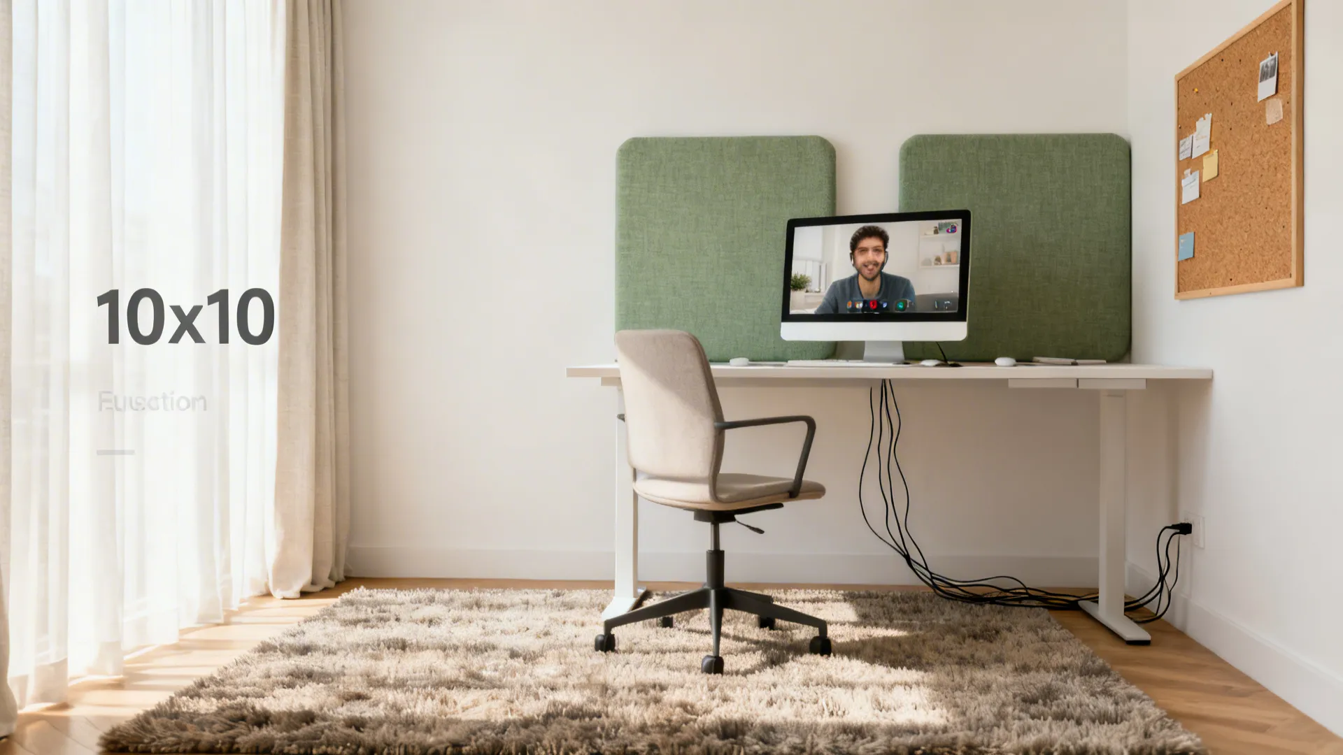 10x10 office with rug, fabric panels, cork board, and light curtains creating quieter acoustics.