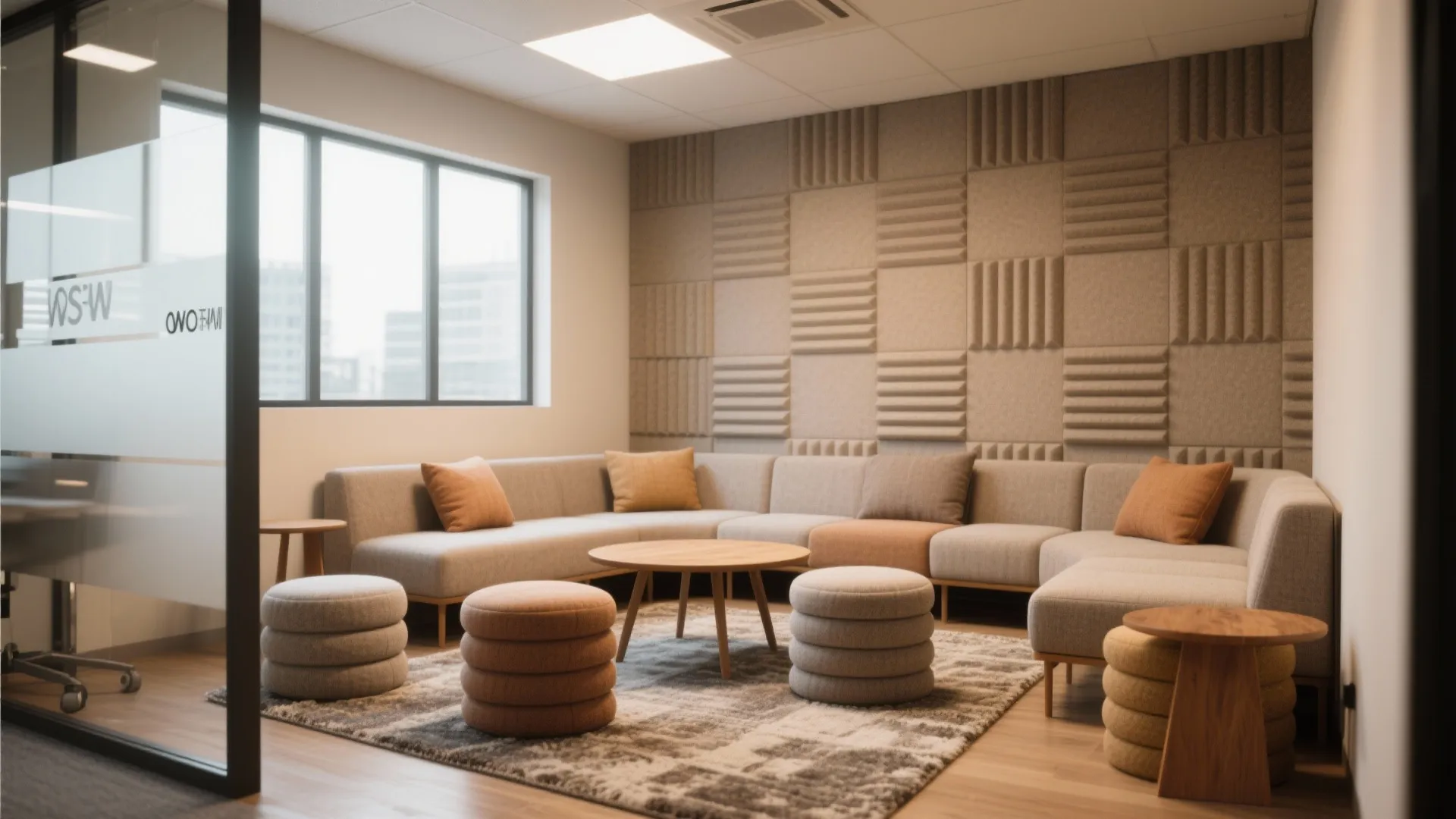 Office lounge area with modular sofa round wooden coffee table several footrests and grey wall panel
