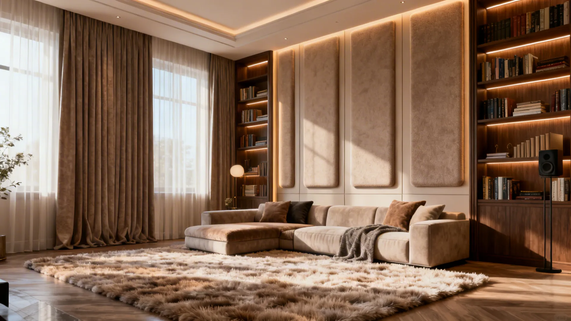 Soft surfaces and acoustic elements in a high-ceiling living room to reduce echo.