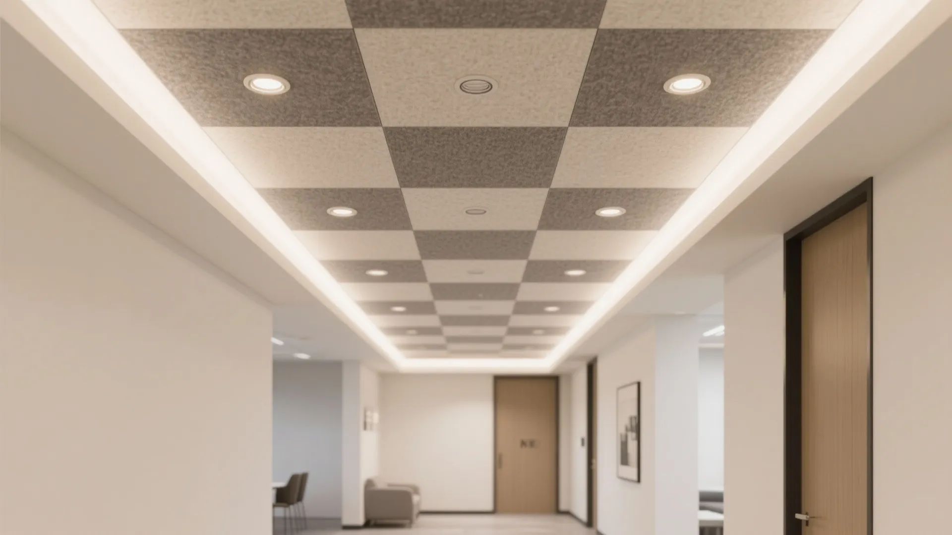 4) Square acoustic panels with integrated downlights